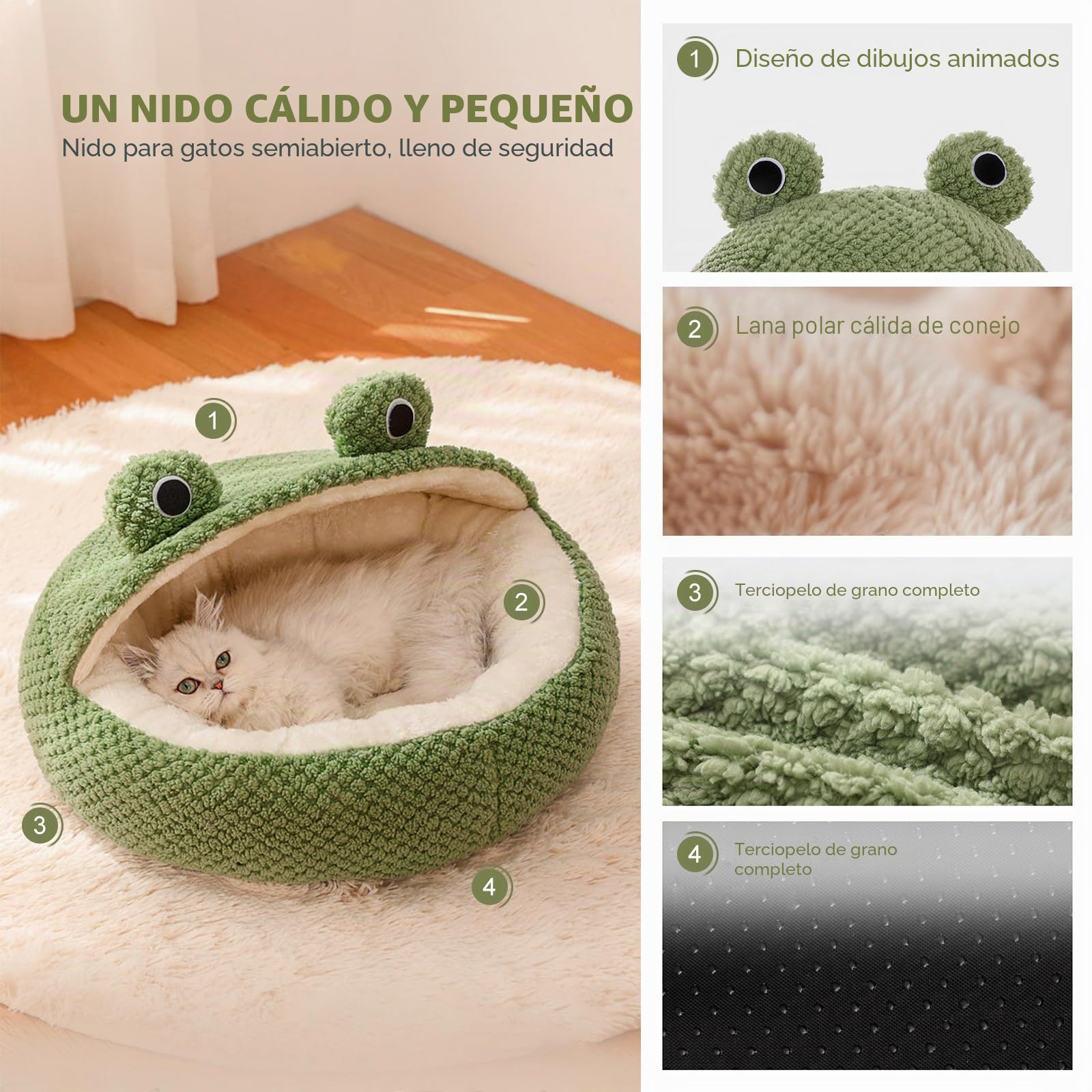 PETCUTE Cama para Gatos de Interior Con Fondo Antideslizante, Cálida y Suave, Cueva Con Almohada Acolchada Extraíble Lavable, Nido de Mascotas