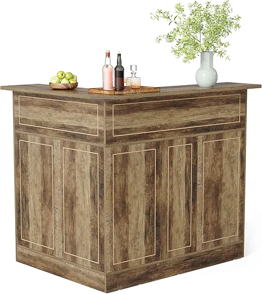 LITTLE TREE Home Bar Cabinet, 4-Tier Mini Bar Cabinet with Stemware Rack, Freestanding Wooden Bar Cabinet, L-Shaped Liquor Table Cabinet for Living Room, Dining Room, Rustic Brown