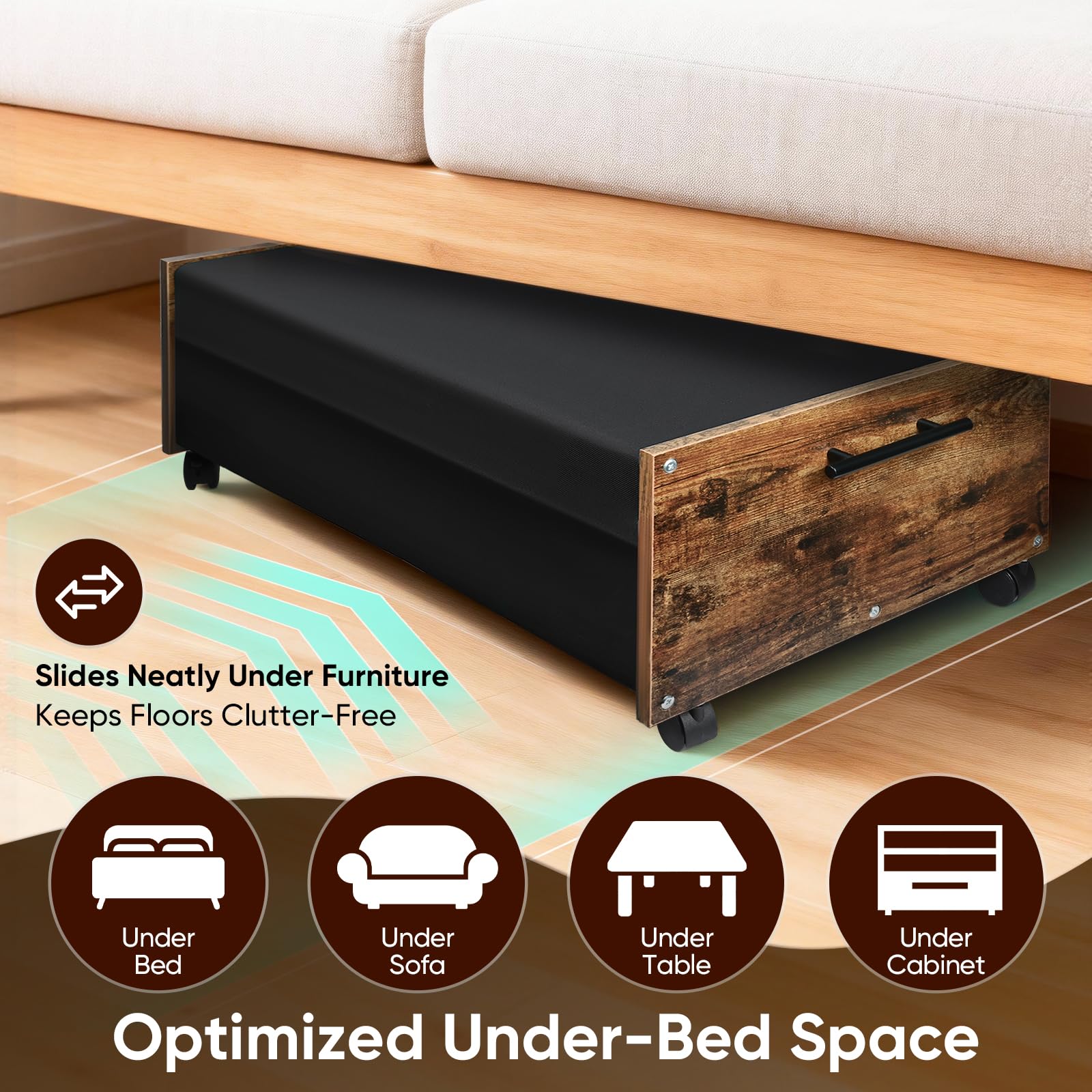 2er Set 70L Unterbett Aufbewahrungsbox mit Deckel, Unterbettkommode mit Rollen, Holz & Metallrahmen, Bettkasten Aufbewahrung für Kleidung, Schuhe, Spielzeug und Decken 75x42x27,5cm