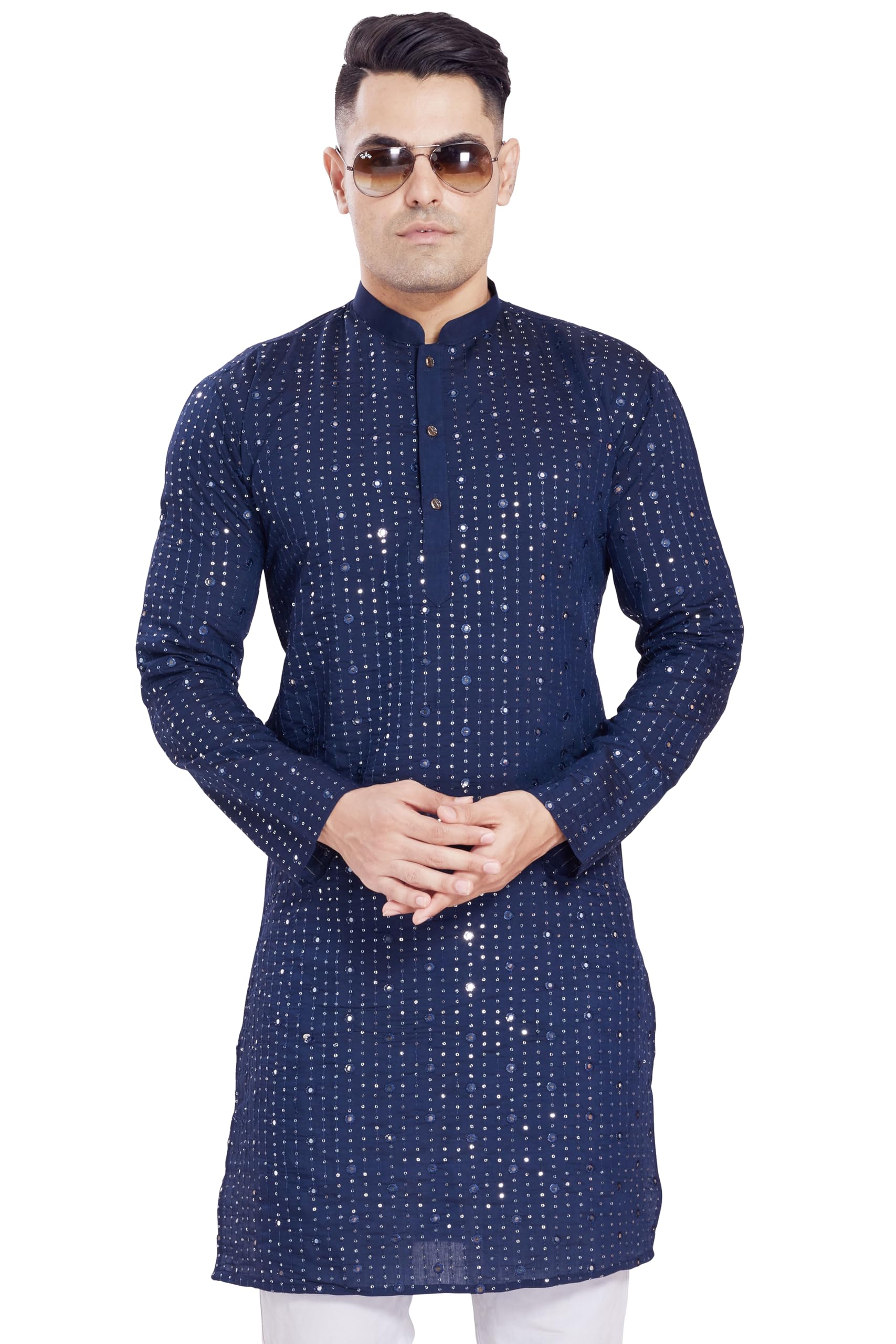 Divisive Men's Sequince Mirror Embroidered Cotton Silk Blend Only Slim Fit Kurta (Dkrt176_S_Navy Blue)