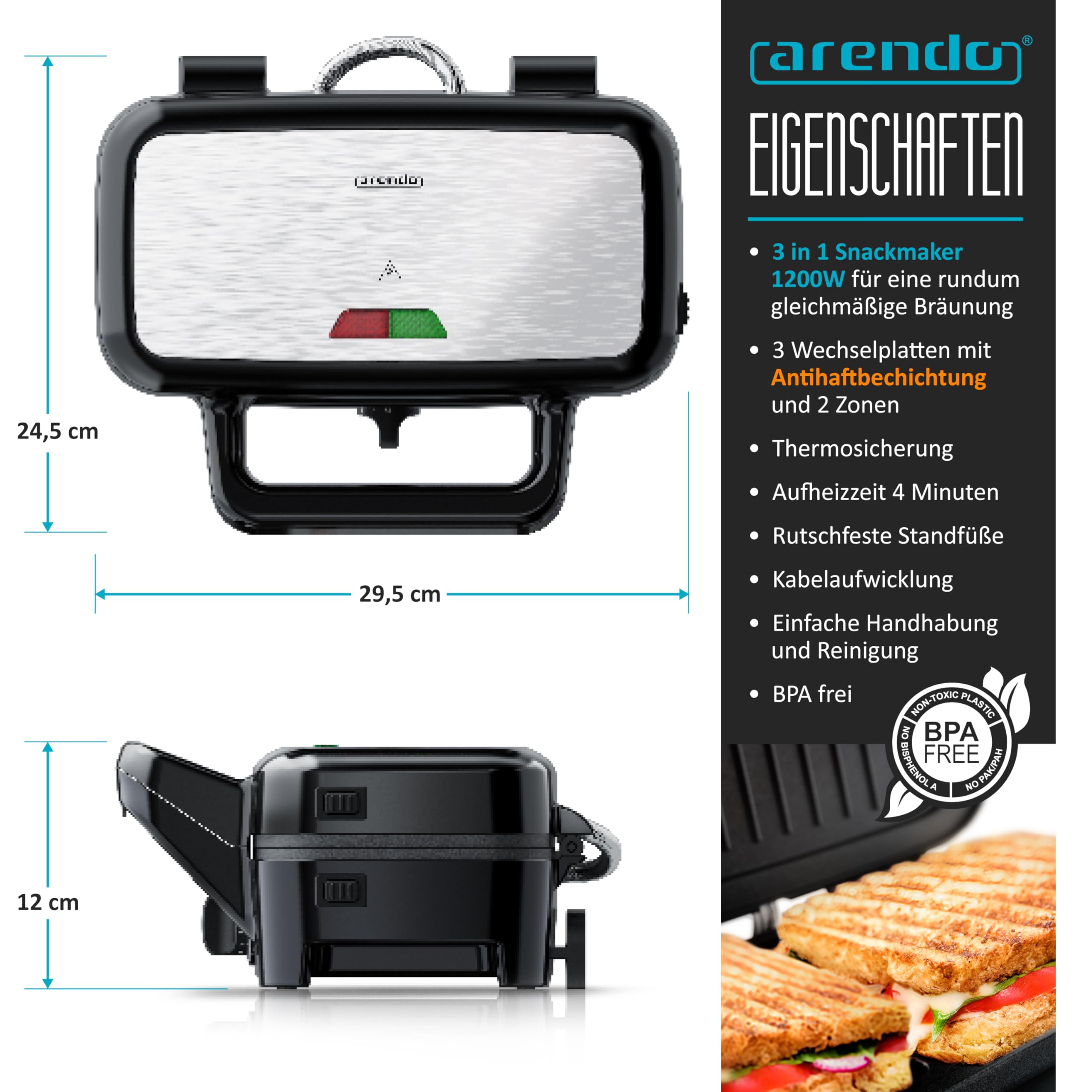 Arendo Sandwichmaker 3in1 Waffeleisen Kontaktgrill abnehmbare Platten Antihaftbeschichtung BPA frei Temperaturkontrolle