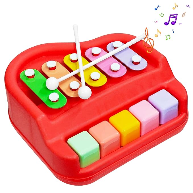 VGRASSP 2 in 1 Small Xylophone and Piano Toy for Kids with Colorful Keys and Drum Sticks - Musical Instrument Toy for Baby and Toddlers - Red
