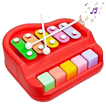 VGRASSP 2 in 1 Small Xylophone and Piano Toy for Kids with Colorful Keys and Drum Sticks - Musical Instrument Toy for Baby and Toddlers - Red - image, photos