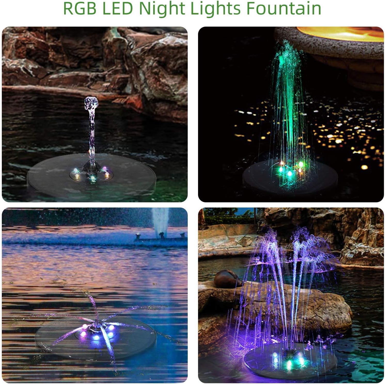 KVISTER Solar Fountain Pump for Bird Bath with LED Lights, 3W Solar Water Pump Floating Fountain w/7 Nozzles, Anti-Drift, Water Cycling for Garden Bird Bath Pond Backyard Decoration