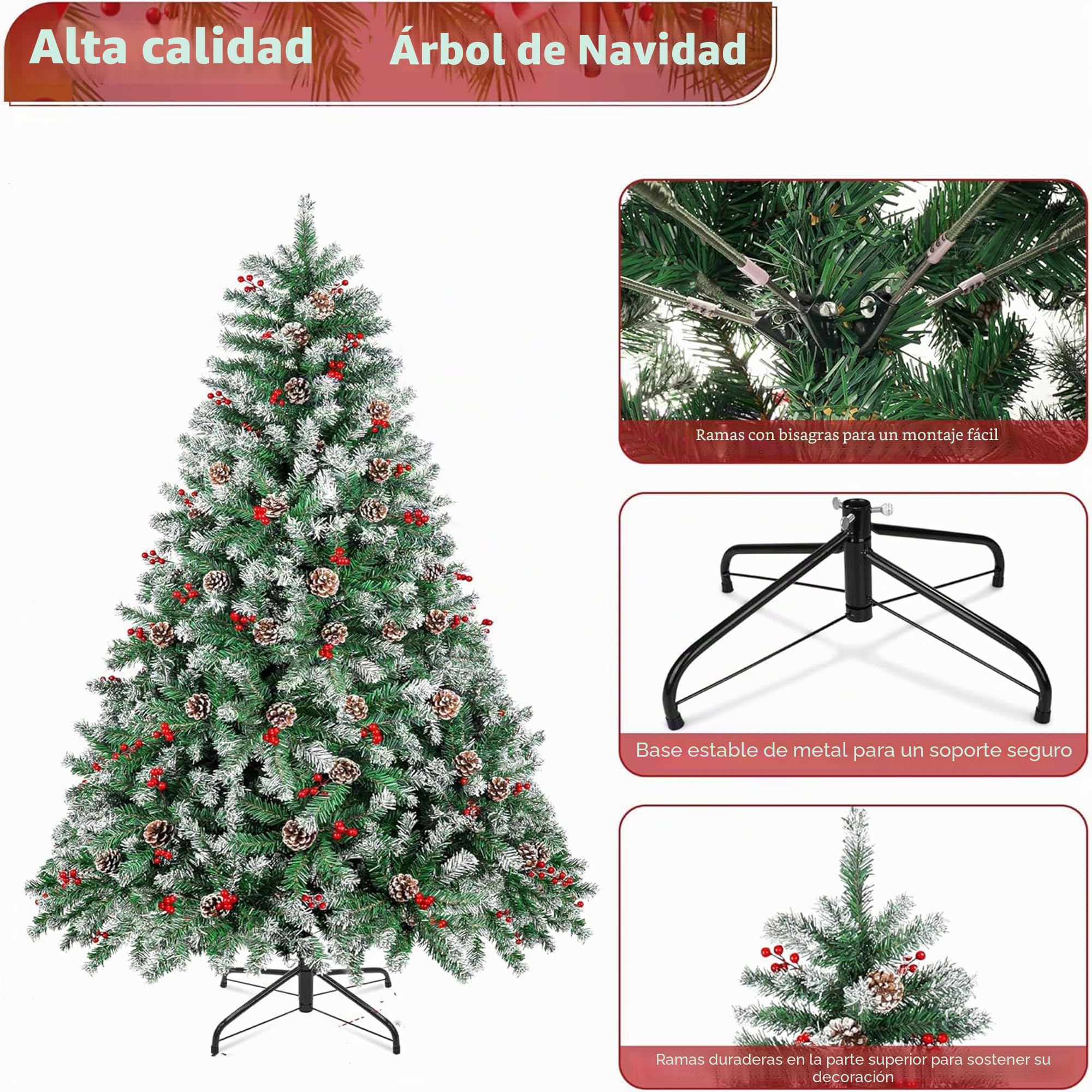 Arbol de Navidad Plegable con Decoracion Piña Frutos Rojos y Nieve, Arbol Navidad Artificial Fibra Natural Verde Robusto con Soporte de Pie Metal Fácil Montaje para Exterior e Interior (180cm 720Tips)