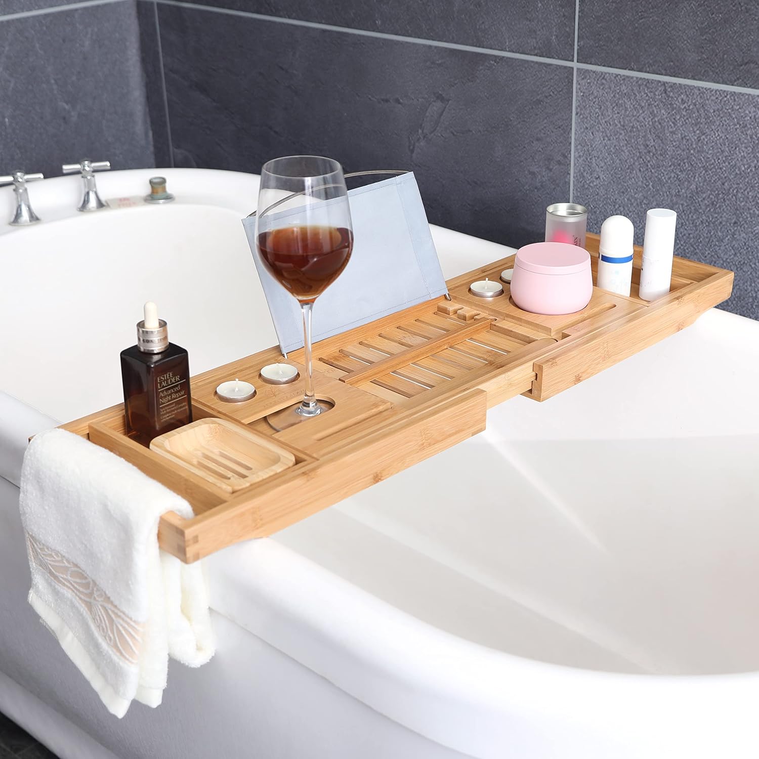 Luxury Bathtub Tray, Expandable, Bathtub Caddy Table, Sturdy, Wine Glass and Phone holder, Soap Dish included