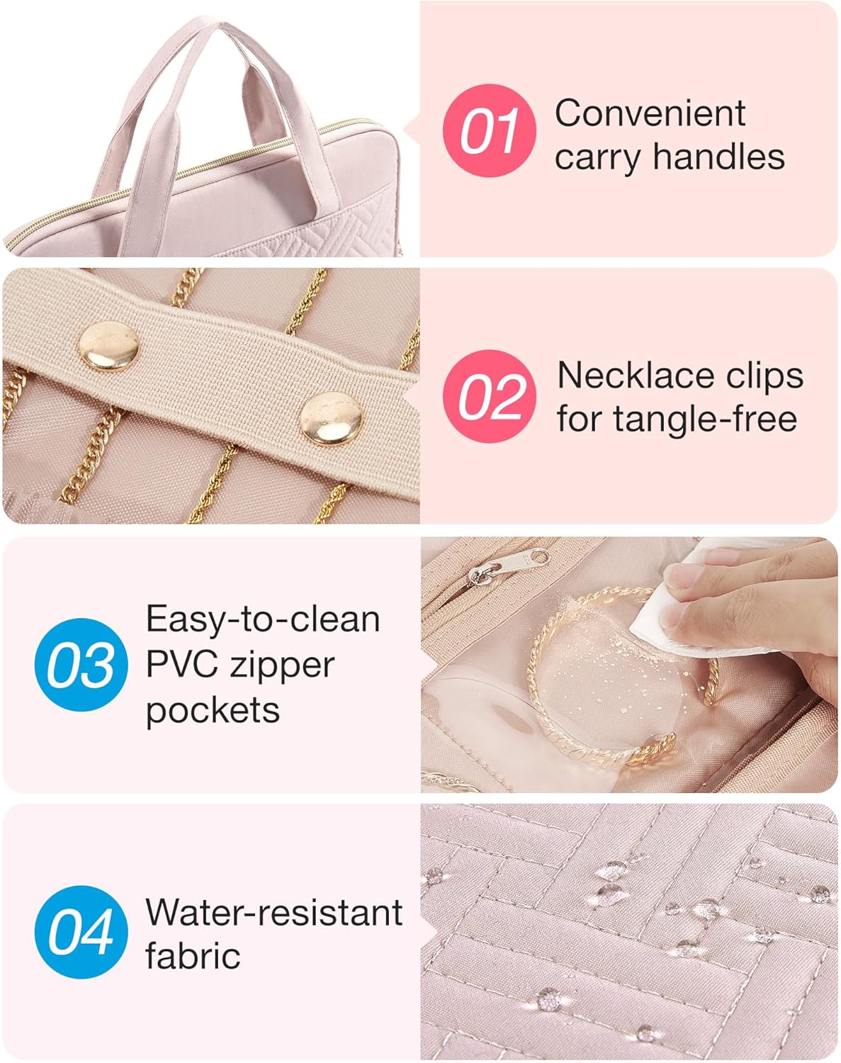 BAGSMART Travel Jewelry Case, Hanging Roll Jewelry Bag with Zipper Pockets Jewelry from Oxidation, Large Capacity for Earrings, Necklaces, Rings on Closet, Wall, Door, Portable Travel Essentials, Pink - Image 4