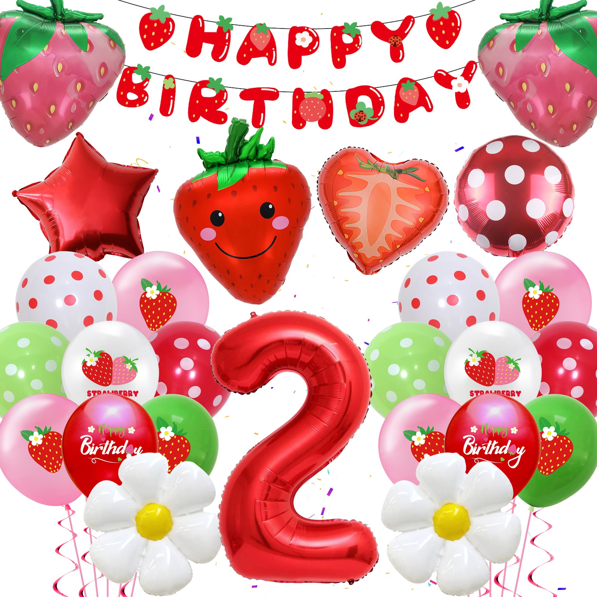 Strawberry Balloons Decoration 2nd Birthday Girl - 39 Pieces Strawberry Decoration, Happy Birthday Banner, Red Foil Balloon Number 2, Cute Strawberry Daisy Balloons for Girls Sweet 2nd Birthday