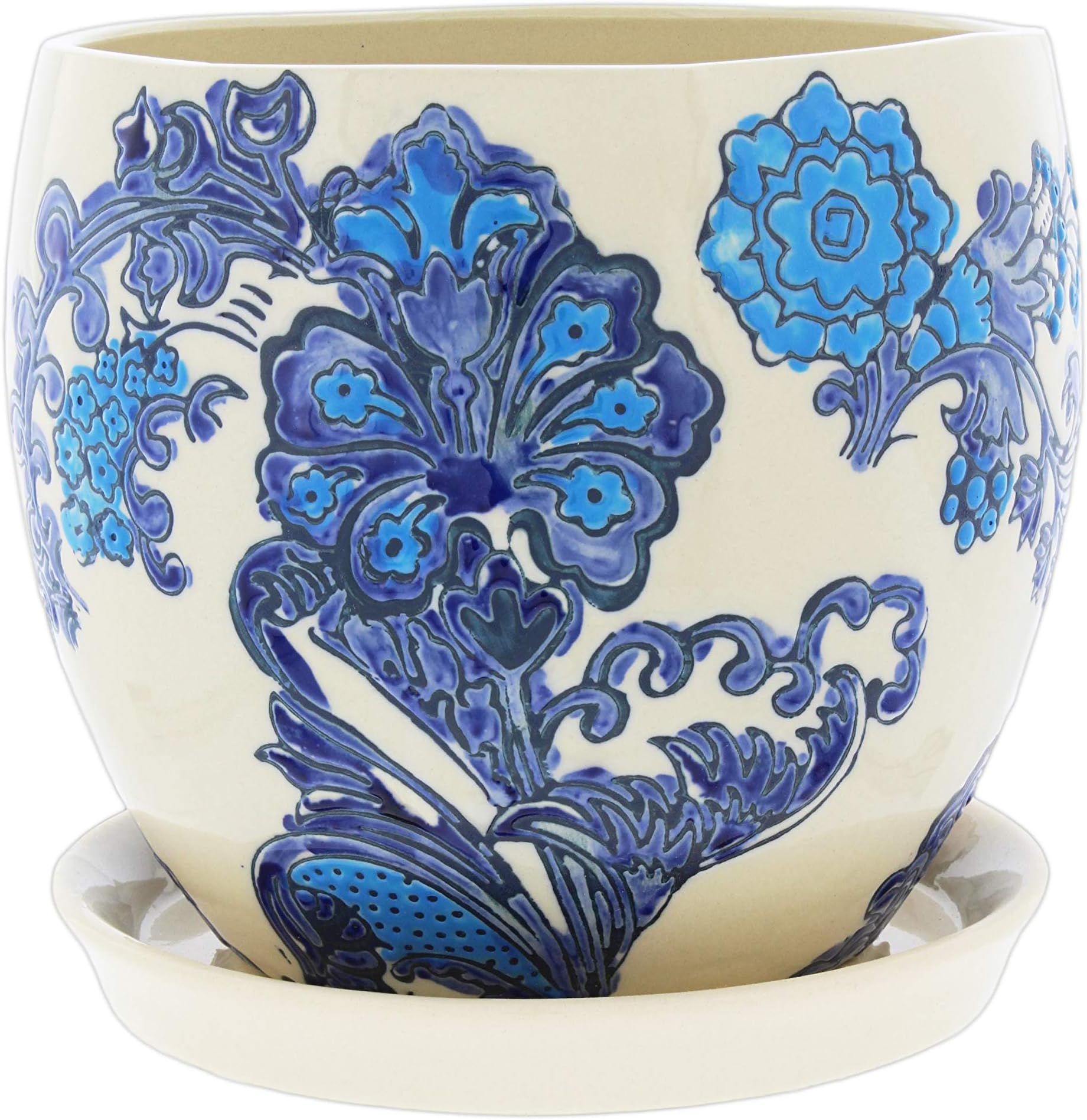 Ceramic Planter with Floral Delft Pattern and Attached Saucer, 5"