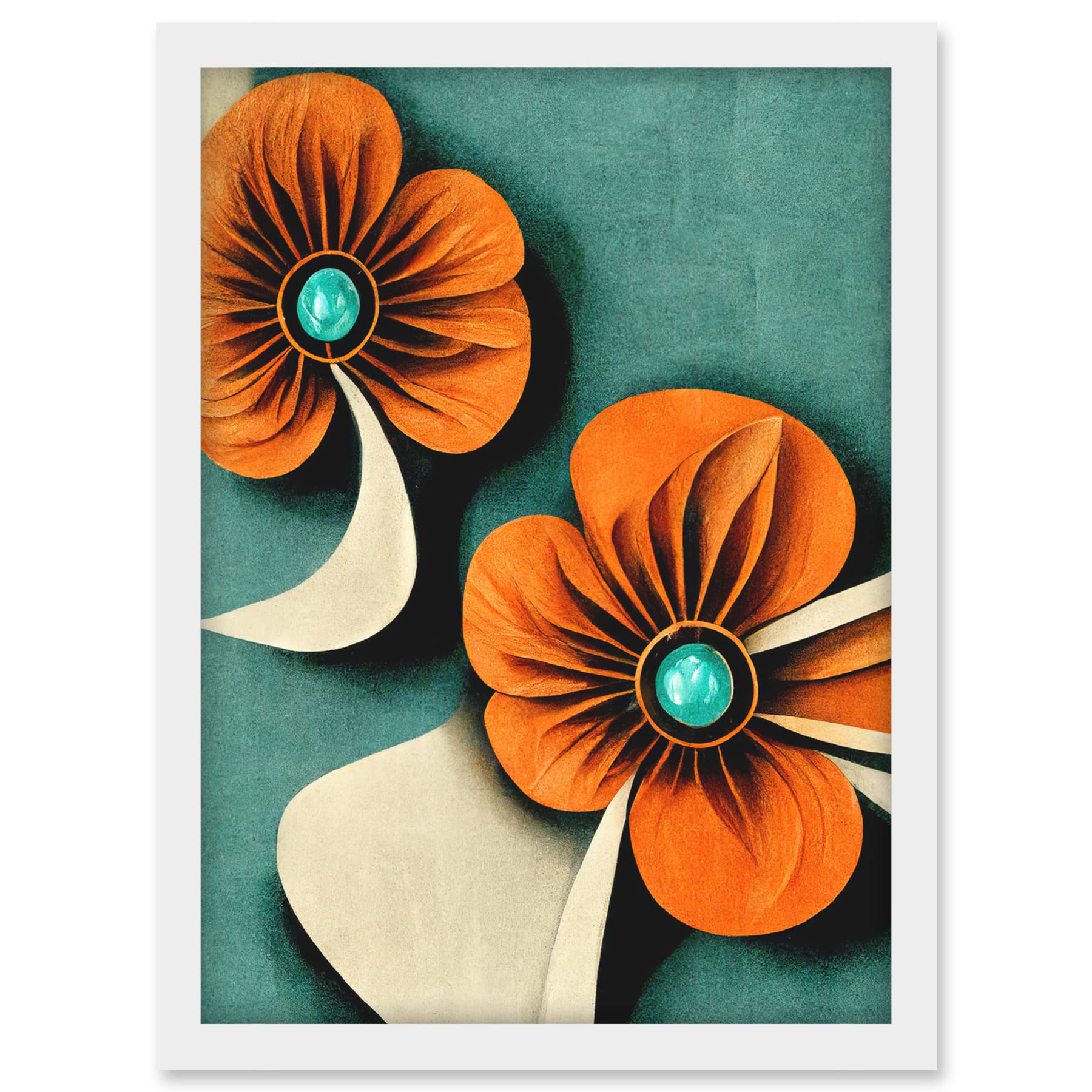 Doppelganger33 LTD Abstract Papercut Orange And Cream Flowers On Teal Artwork Framed A3 Wall Art Print