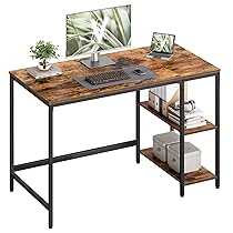 VASAGLE Scrivania per Computer, Scrittoio con 2 Ripiani a Sinistra o Destra, Tavolo da Lavoro, per Ufficio Soggiorno, Struttura in Acciaio, Industriale, Marrone Vintage e Nero LWD47X