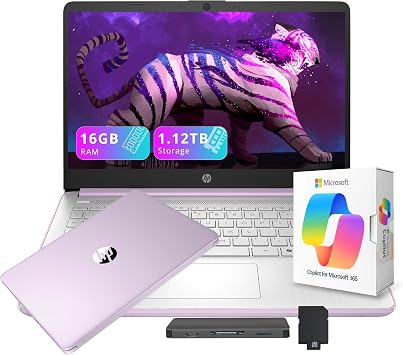 HP Flagship 14" HD Student&Business Laptop with AI Copilot, 13th Gen Intel 4-Core, 16GB RAM, 1.12TB Storage 128GB UFS + 1TB Docking Station, 1 Year Office 365, Wi-Fi 6, Win 11 S, Lavender Purple