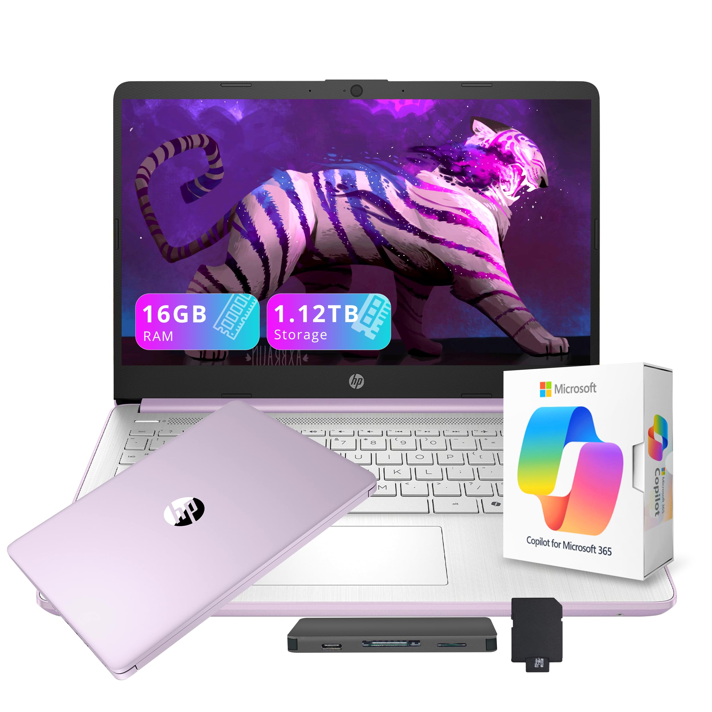 HP Flagship 14" HD Student&Business Laptop with AI Copilot, 13th Gen Intel 4-Core, 16GB RAM, 1.12TB Storage (128GB UFS + 1TB Docking Station), 1 Year Office 365, Wi-Fi 6, Win 11 S, Lavender Purple