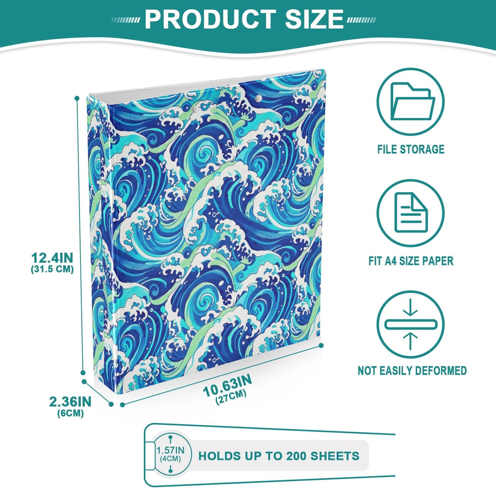 Ocean Waves - Raccoglitore a 3 anelli flessibile, 3,8 cm, colore: blu, turchese, bianco, confezione da 2