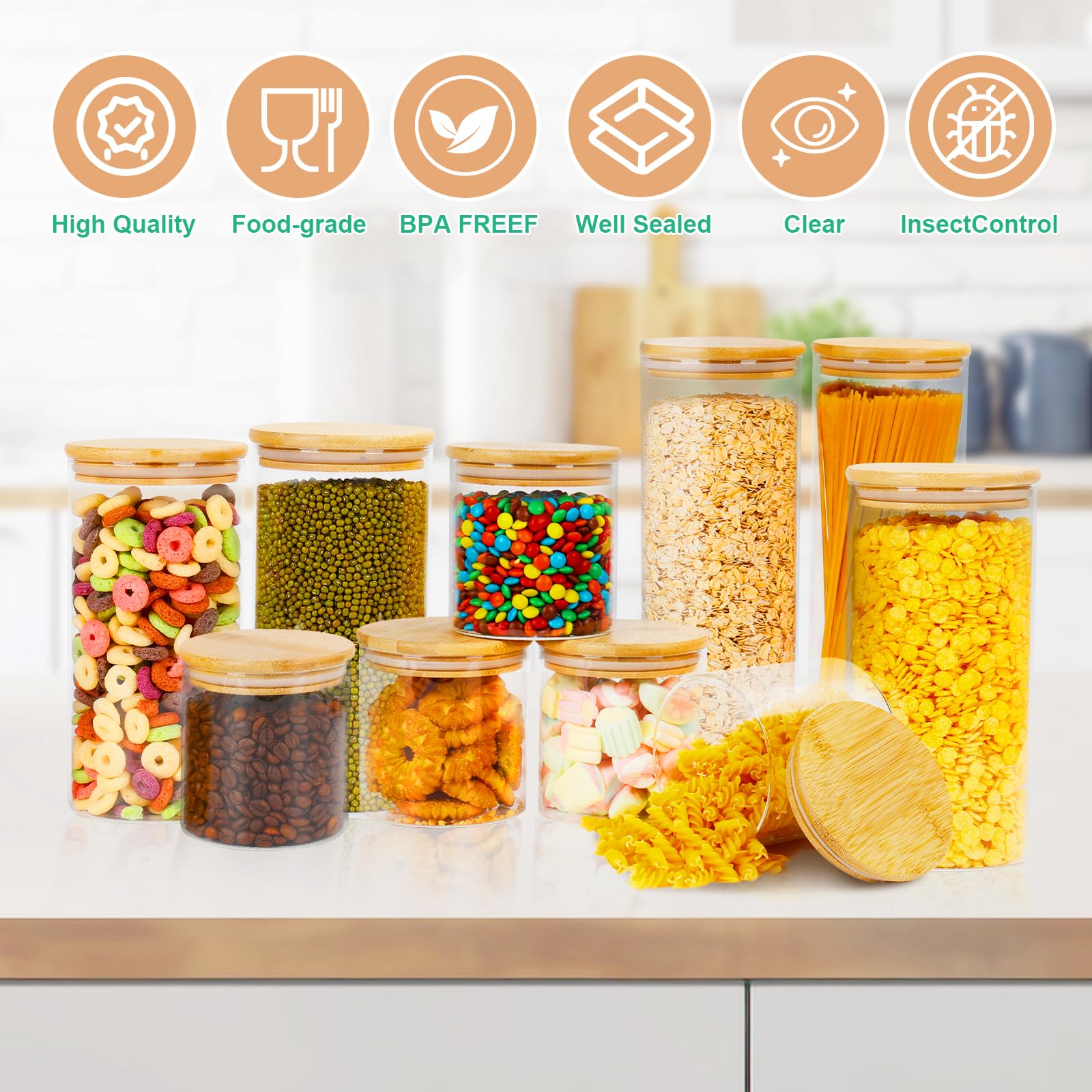 Bocaux Rangement en Verre Hermétique - Lot de 3 Bocaux Rangement Cuisine avec Couvercle en Bambou - 3 x 2200ml