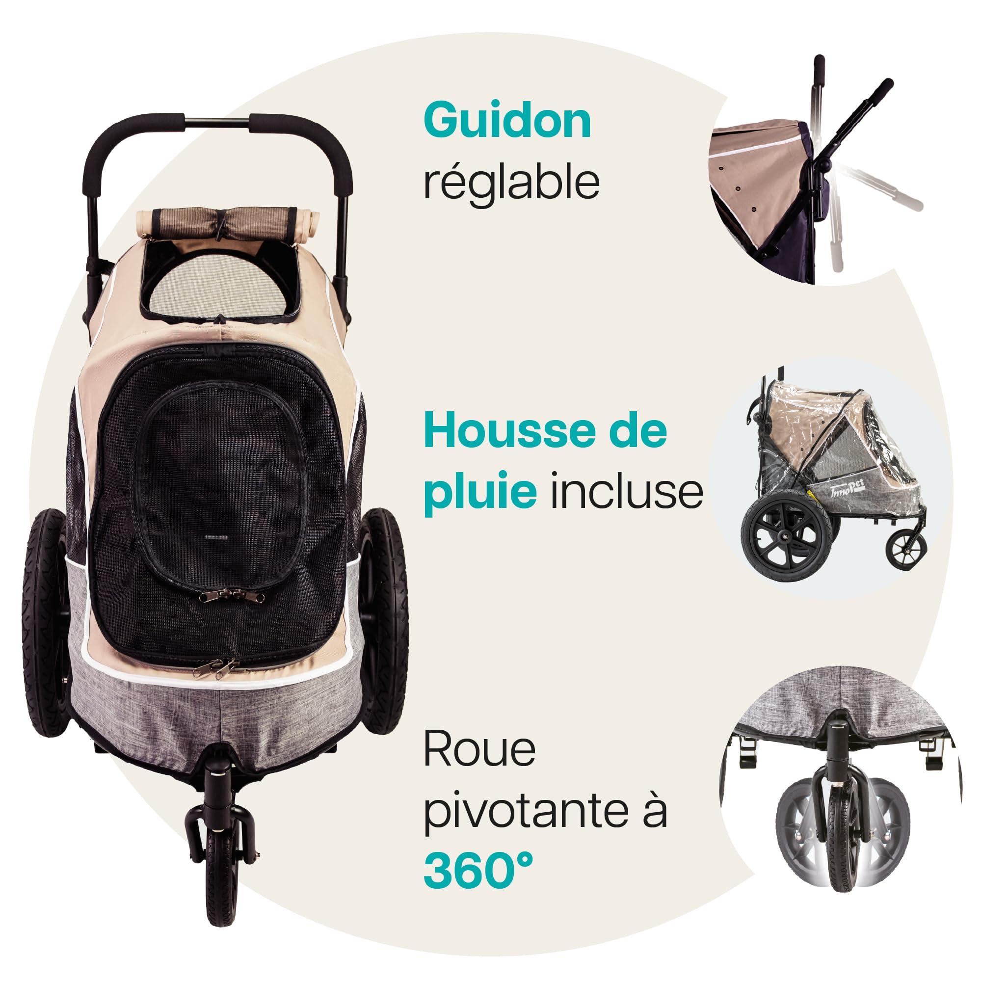 Poussette et remorque pour chien 2 en 1 Innopet Sporty Evolution Latte - Beige/Gris, capacité de 30 kg avec housse de pluie - Poussette pour chat et buggy pour animaux de compagnie