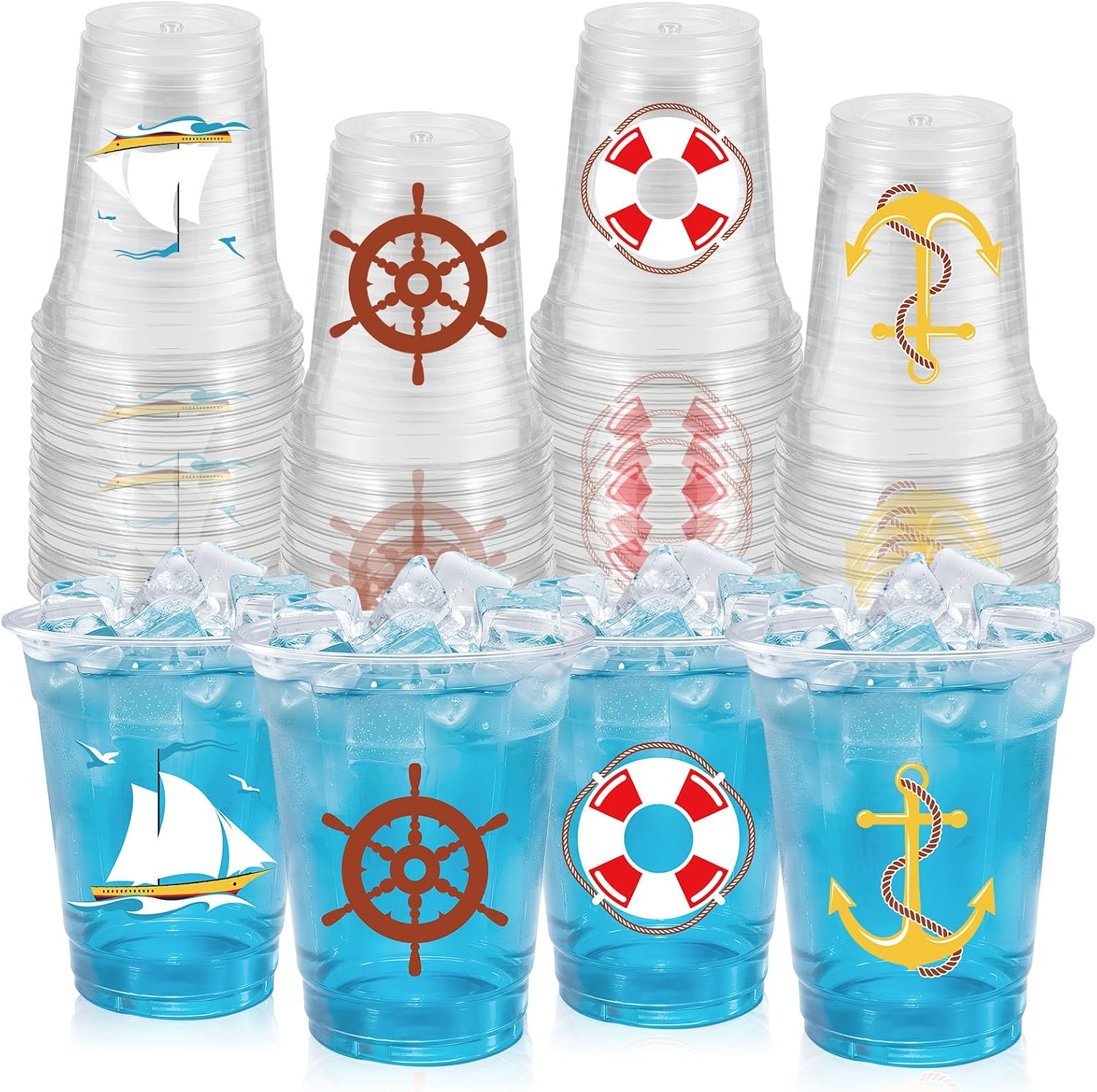 50 Pcs 12OZ Nautical Plastic Cups，Nautical Theme Birthday Party Cups Sailboat Anchor Lifebuoy Steering Wheel Print Beverage Drinking for Ocean Theme Party Supplies