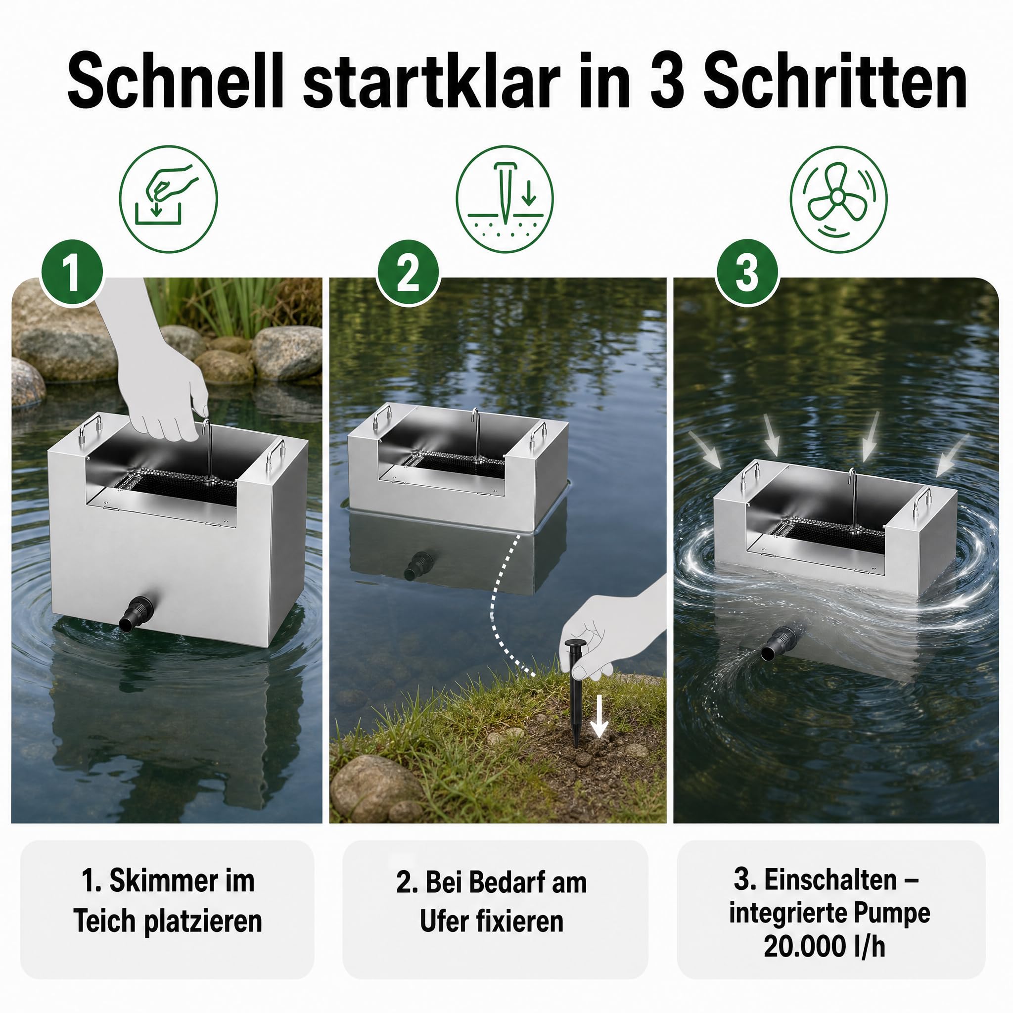 AquaOne Teichskimmer CSP-16000, schwimmender Oberflächenskimmer für Teiche & Koiteiche, integrierte 20.000 l/h Pumpe, großer 20–22 l Filterkorb, Edelstahlgehäuse