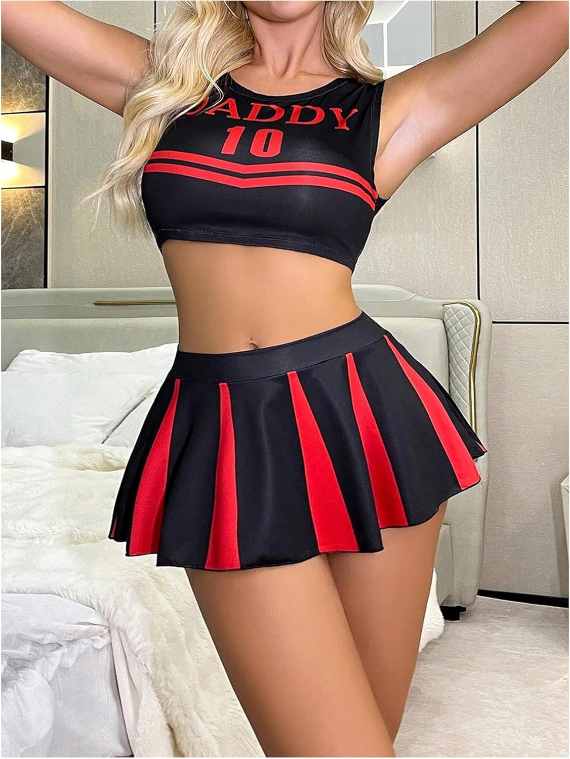 WDIRARA Women's Cheerleader Costume Lingerie Set 2 Piece Cosplay Lingerie Outfits with Mini Skirt - Image 2