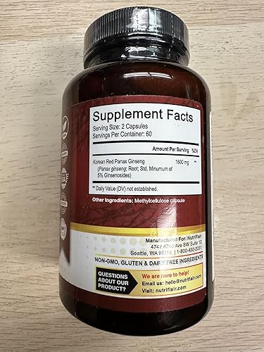 Miniatura 10 de NutriFlair Panax Ginseng rojo coreano de 1600 mg 120 cápsulas veganas 5% de ginsenósidos Sin OMG, sin gluten Energía natural y apoyo de enfoque