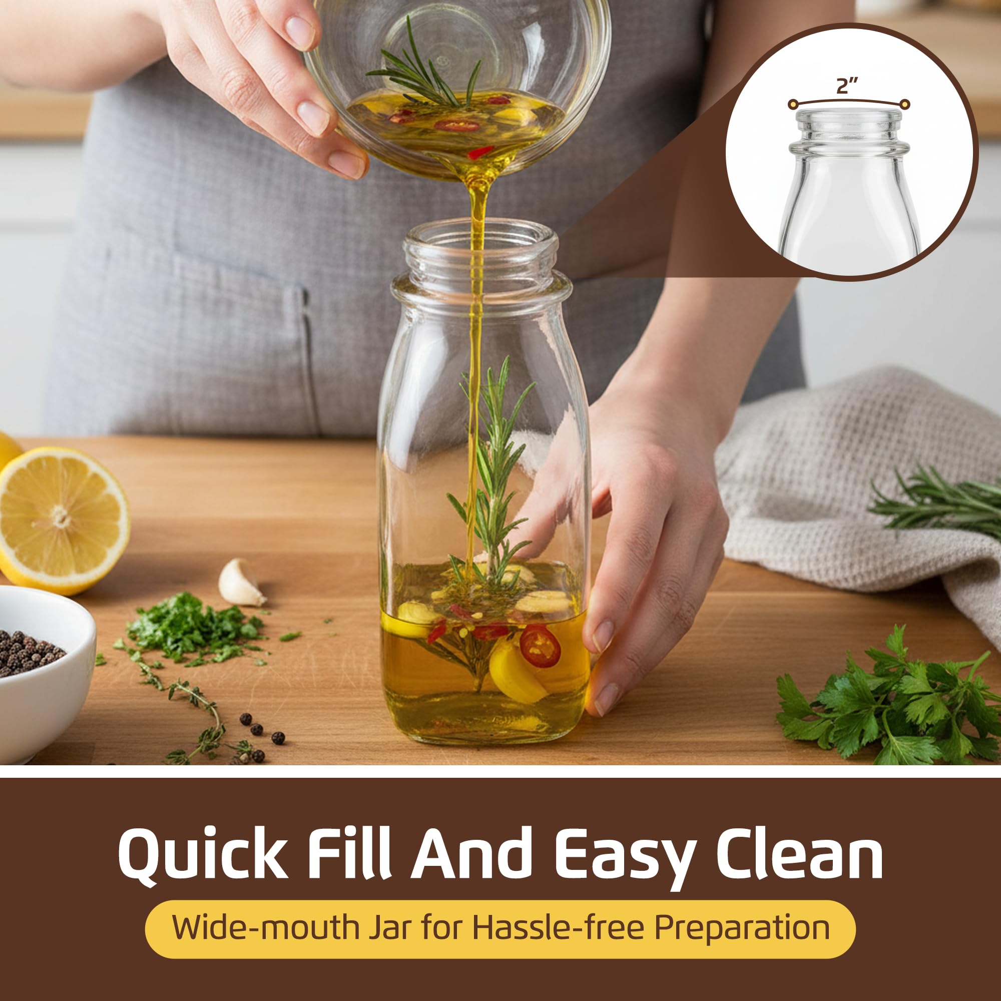 kitchentoolz Salatdressing-Shaker-Flasche – 340 ml Glasflasche mit Silikon-Ausgießer und manipulationssicherer Deckel für Saucen und Marinaden, 4 Stück