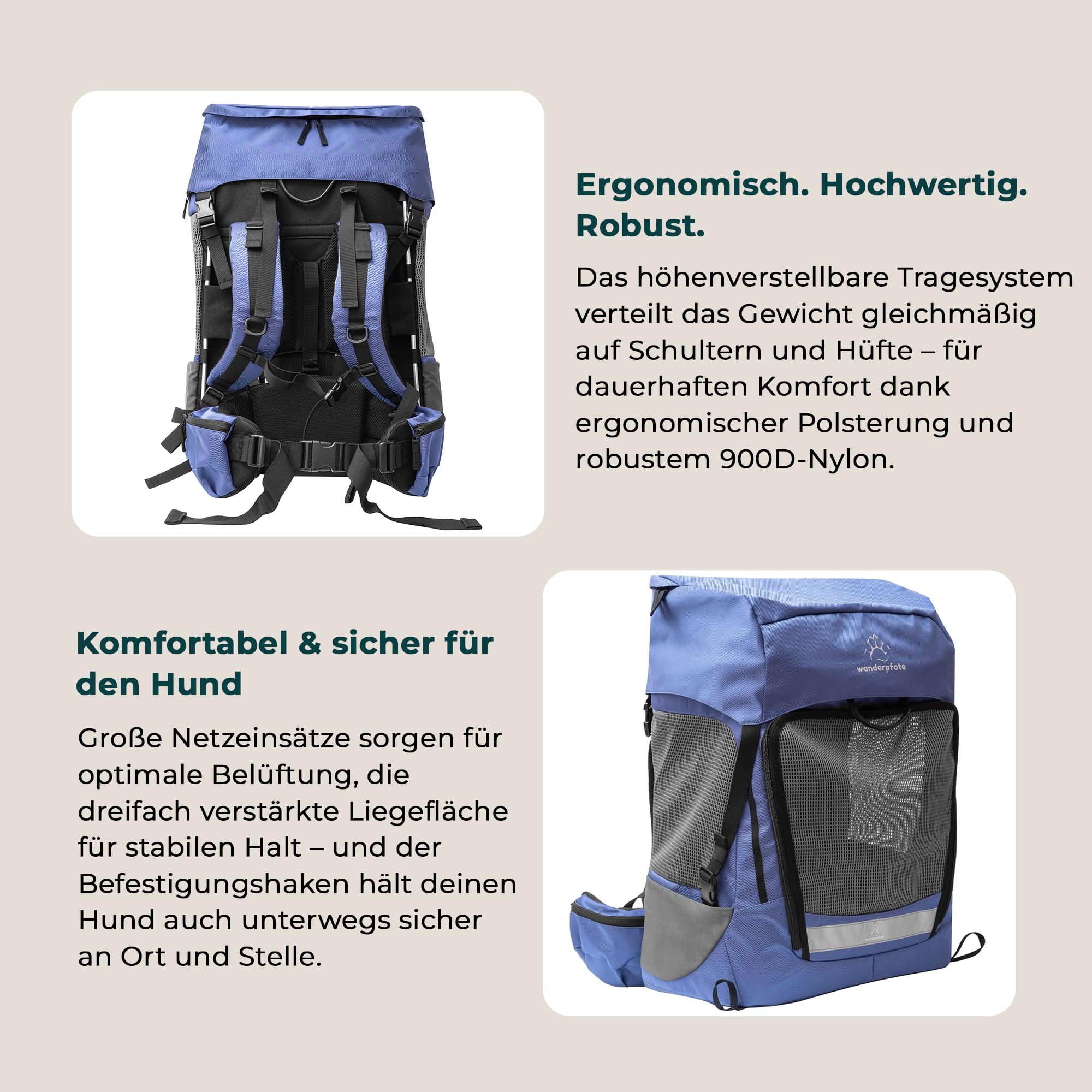 Hunderucksack bis 12kg - Modell Daypack, Größe M, Blau - Premium Rucksack für kleine bis mittelgroße Hunde mit Höhenverstellbarem Tragesystem und viel Raum für den Hund