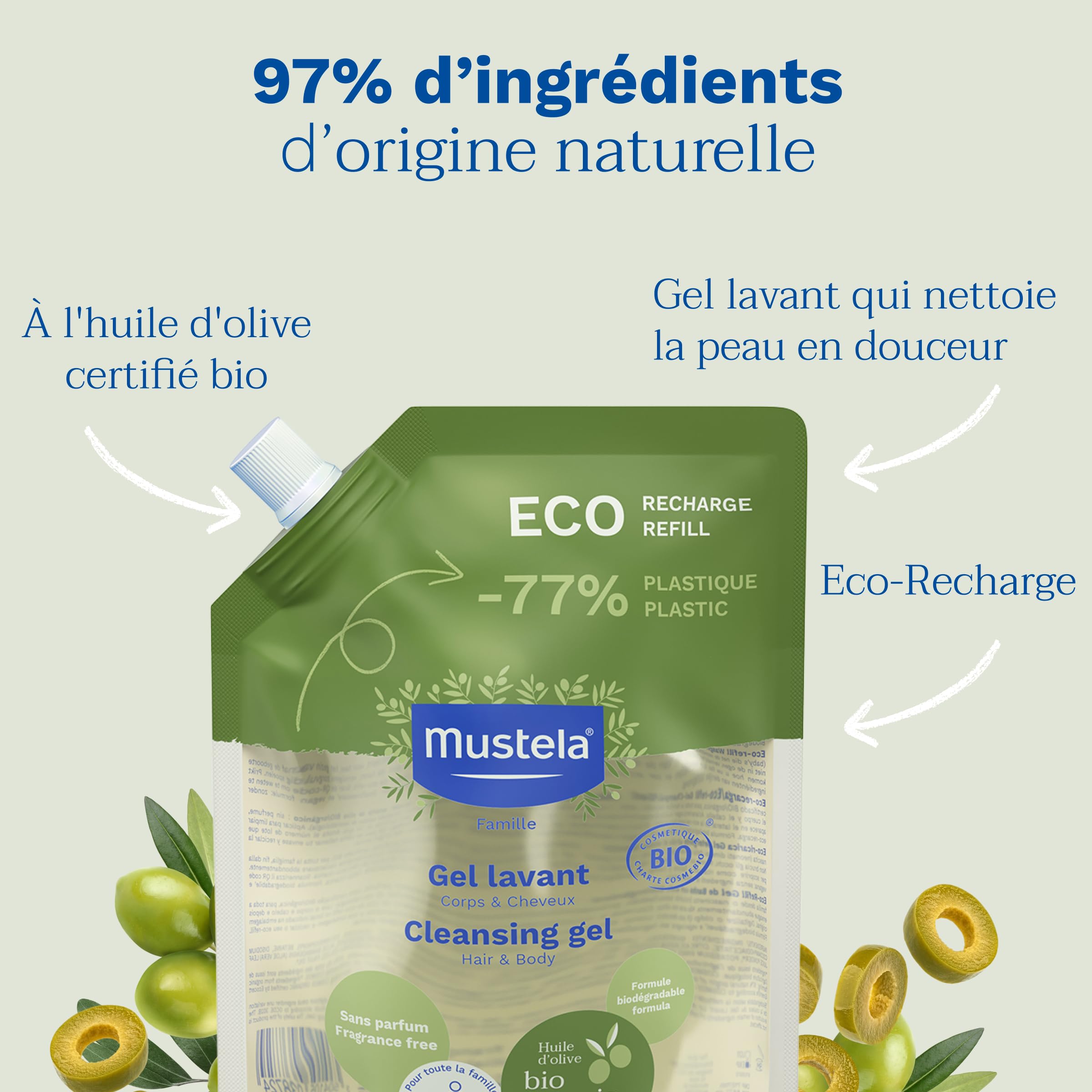 Mustela - Gel Lavant Bébé Eco-Recharge Vegan - Nettoyage Doux pour Toute la Famille - Dès la Naissance - Huile d'Olive Bio, Glycérine, Aloe Vera - Hygiène bébé - 97% d'ingrédients d'origine naturelle