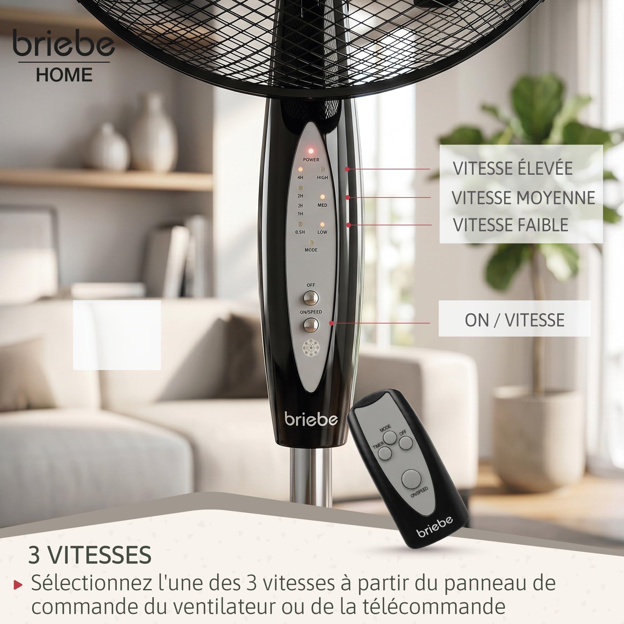 briebe Ventilateur sur Pied Silencieux, Télécommande, Minuterie jusqu'à 7,5 Heures, Oscillation 80º, 3 Modes de Fonctionnement, 3 Vitesses, Hauteur Réglable 100-125cm, Ø 40cm, Noir