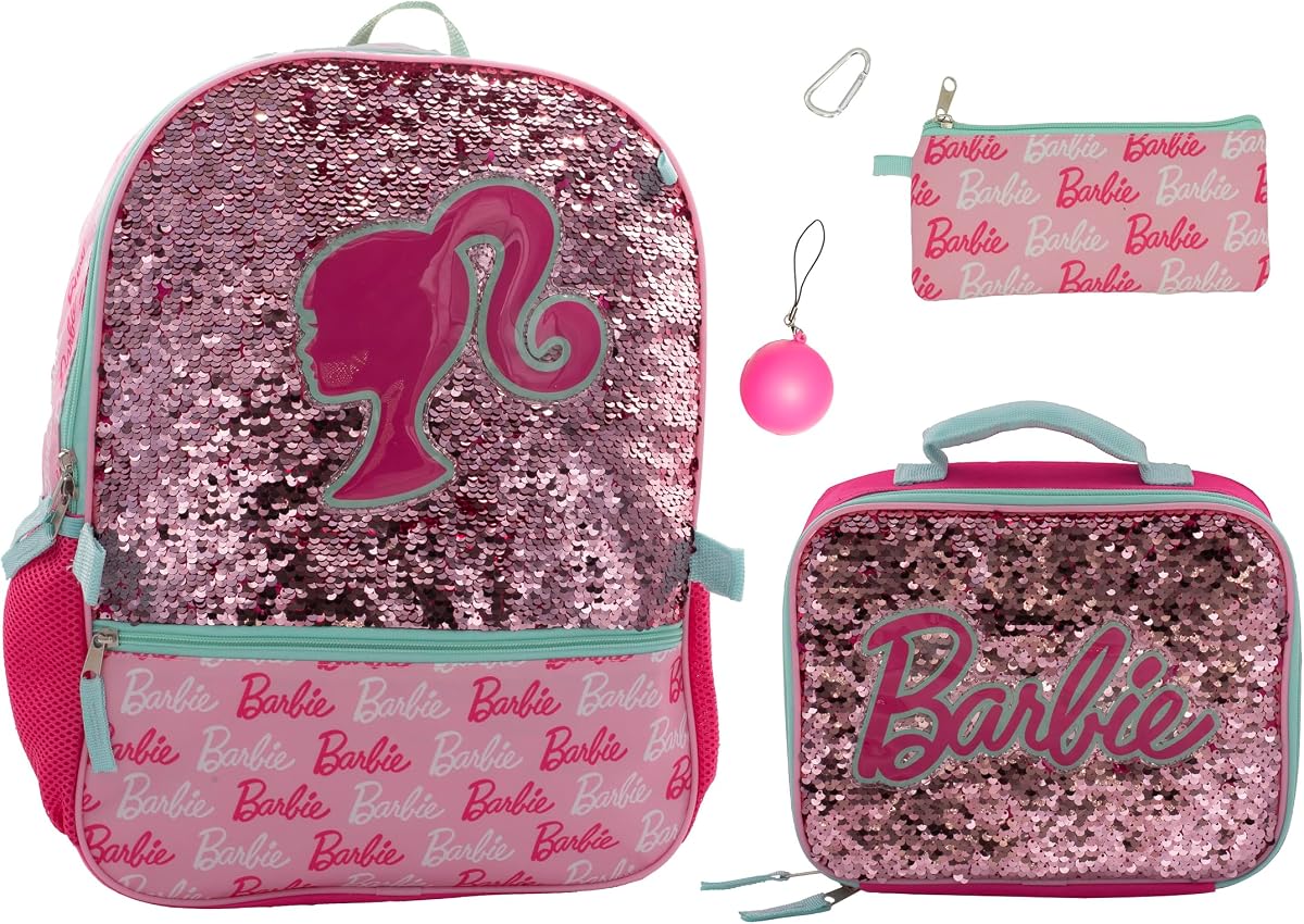 Conjunto de mochila de 4 piezas Barbie, Sparkle & Shine con INNOVACIONES EN ACCESORIOS de inteligencia artificial con este bolso escolar de lentejuelas con tapa mágica para niña con bolsillo delantero con cremallera, rosa