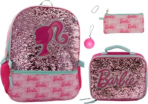AI ACCESSORY INNOVATIONS Barbie 4 Piece Backpack Set, Sparkle & Shine with this Magic Flip Sequin School Bag for Girls with Zip Front Pocket, Pink