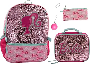 AI ACCESSORY INNOVATIONS Barbie 4 Piece Backpack Set, Sparkle & Shine with this Magic Flip Sequin School Bag for Girls with Zip Front Pocket, Pink