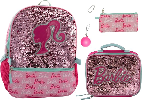 AI ACCESSORY INNOVATIONS Barbie 4 Piece Backpack Set, Sparkle & Shine with this Magic Flip Sequin School Bag for Girls with Zip Front Pocket, Pink