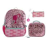 AI ACCESSORY INNOVATIONS Barbie 4 Piece Backpack Set, Sparkle & Shine with this Magic Flip Sequin School Bag for Girls with Zip Front Pocket, Pink