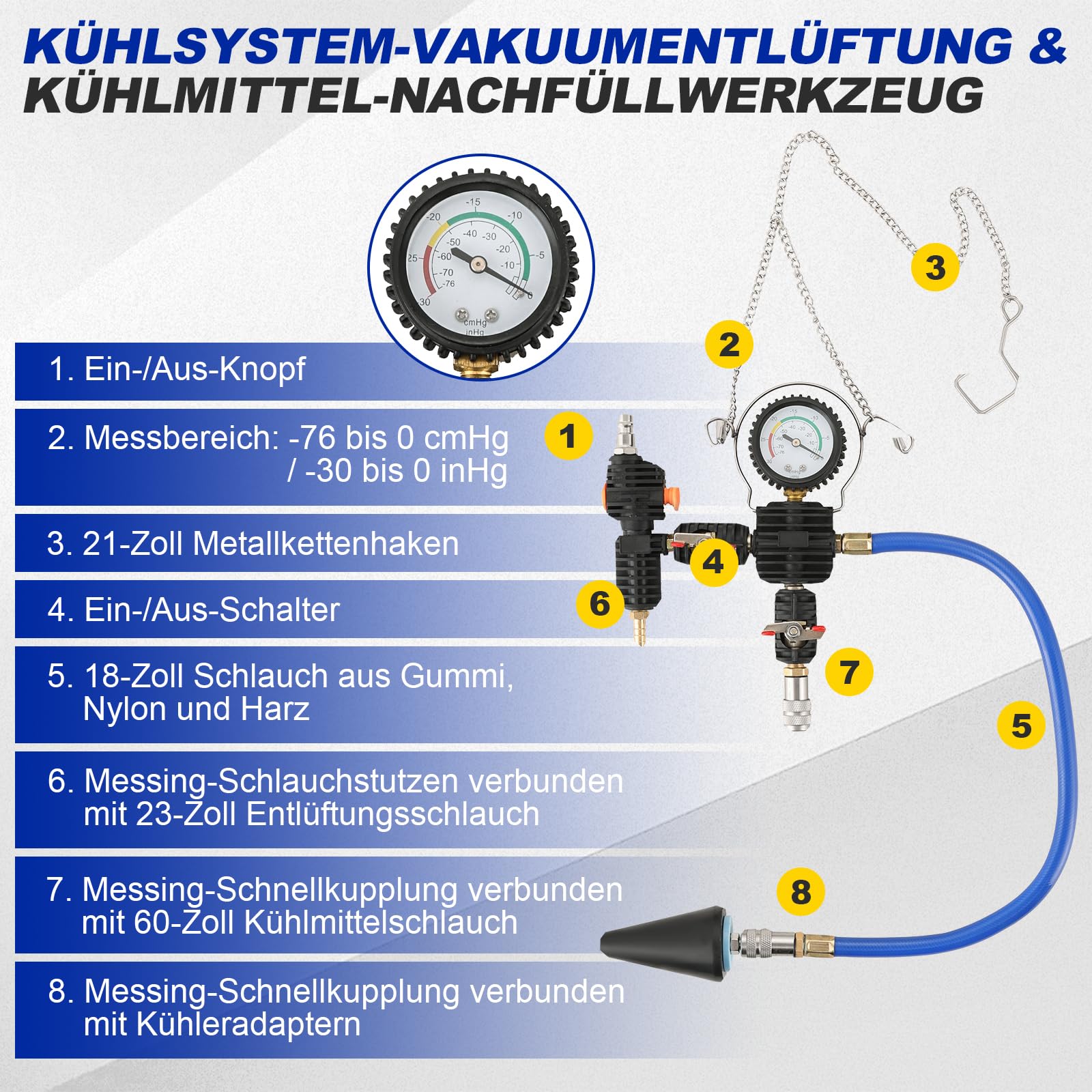 DASBET 28-teiliges Druckverlust-Prüfgerät und Vakuum-Kühlsystem-Befüllset, Universelles Kühlsystem-Lecktest-Werkzeug zur Prüfung von Kühler und Ausgleichsbehälter, geeignet für zahlreiche Fahrzeugmode