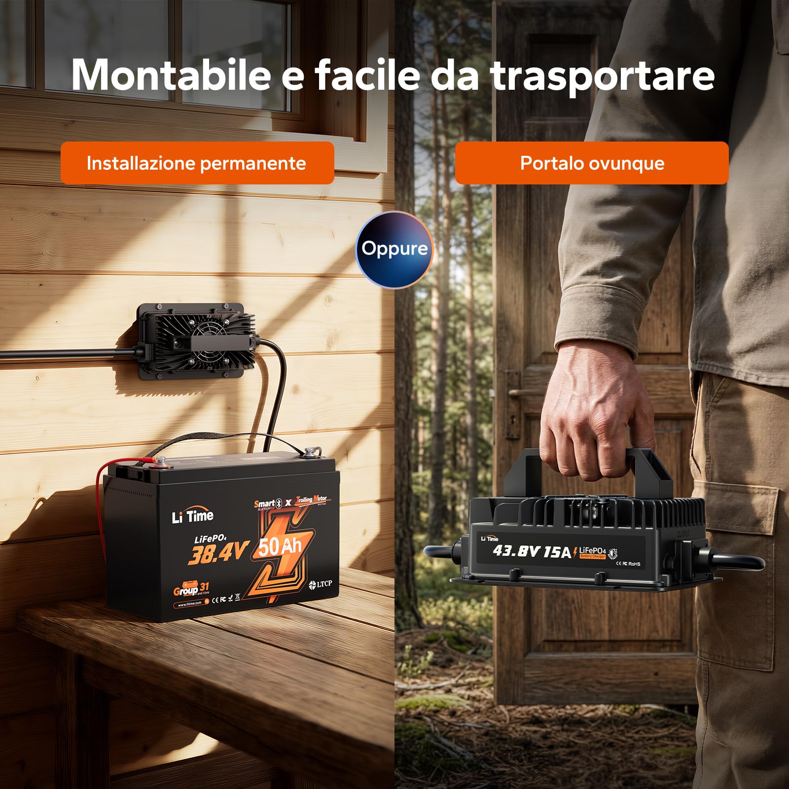 LiTime Caricabatterie LiFePO4 36V 15A, Caricabatterie Litio 43,8V IP66 Impermeabile con Attivazione Batteria, Indicatore LED, Carica Intelligente a 3 Stadi per Golf Cart, Camper, Barca