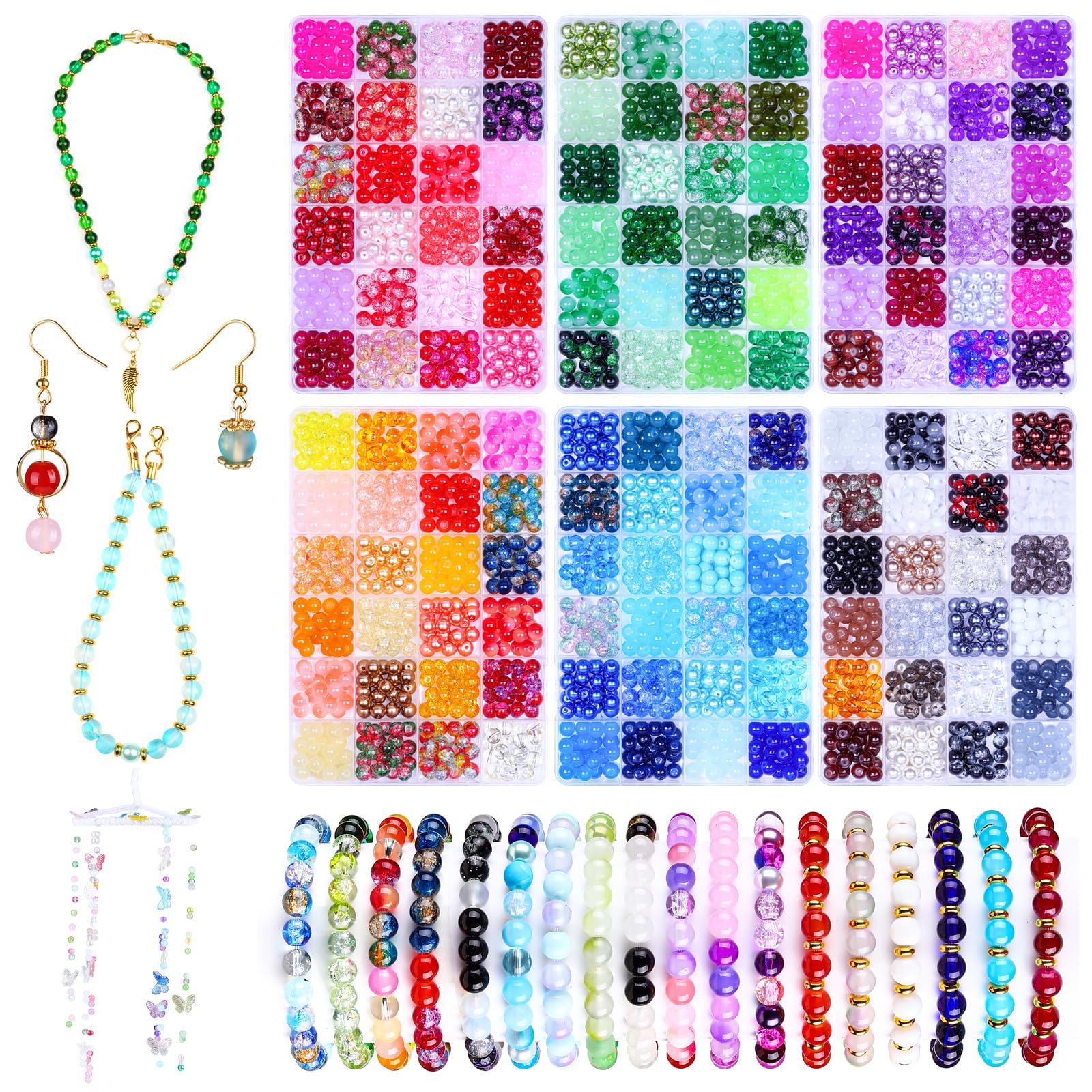 144 Colors 8mm Glass Beads Bulk for Bracelet Making,1728pcs Colorful Round Crystal Imitative Jade Beads with Solid, Crackle Glass Beads for Jewellery Making DIY Necklace Crafting