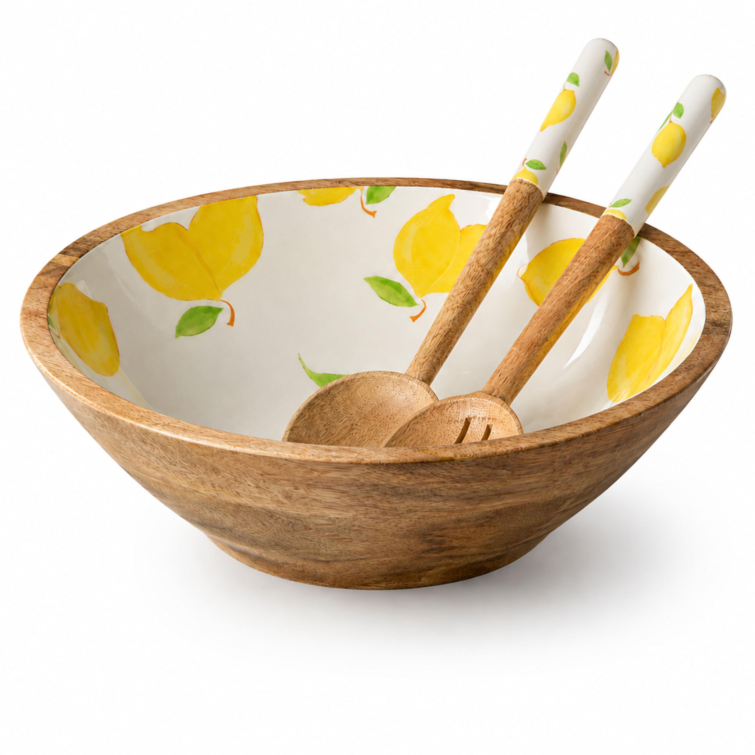 Decorasian Emaillierte Schale aus Mangoholz mit Salatbesteck – Handgemachte Holzschüssel, Boho Deko Obstschale & Salatschale - Muster Zitrone 30cm