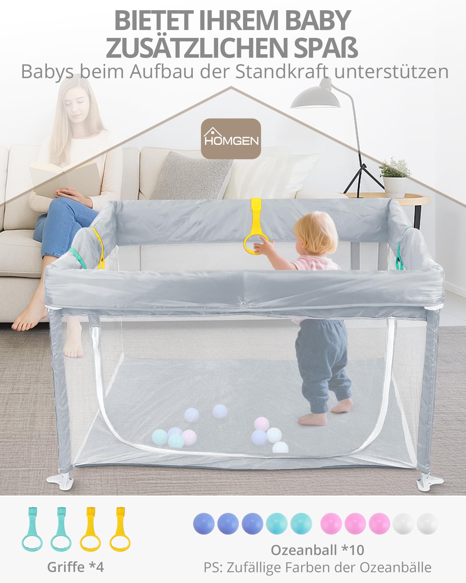 HOMGEN Laufstall Baby 120x120cm Laufgitter Faltbar Klappbares Spielgitter Tragbar Playpen Kinderlaufstall mit Abnehmbarem & Waschbarem Stoff Tasche & Spielzeug 10 Bälle 4 Griffe Für Innen/Außen