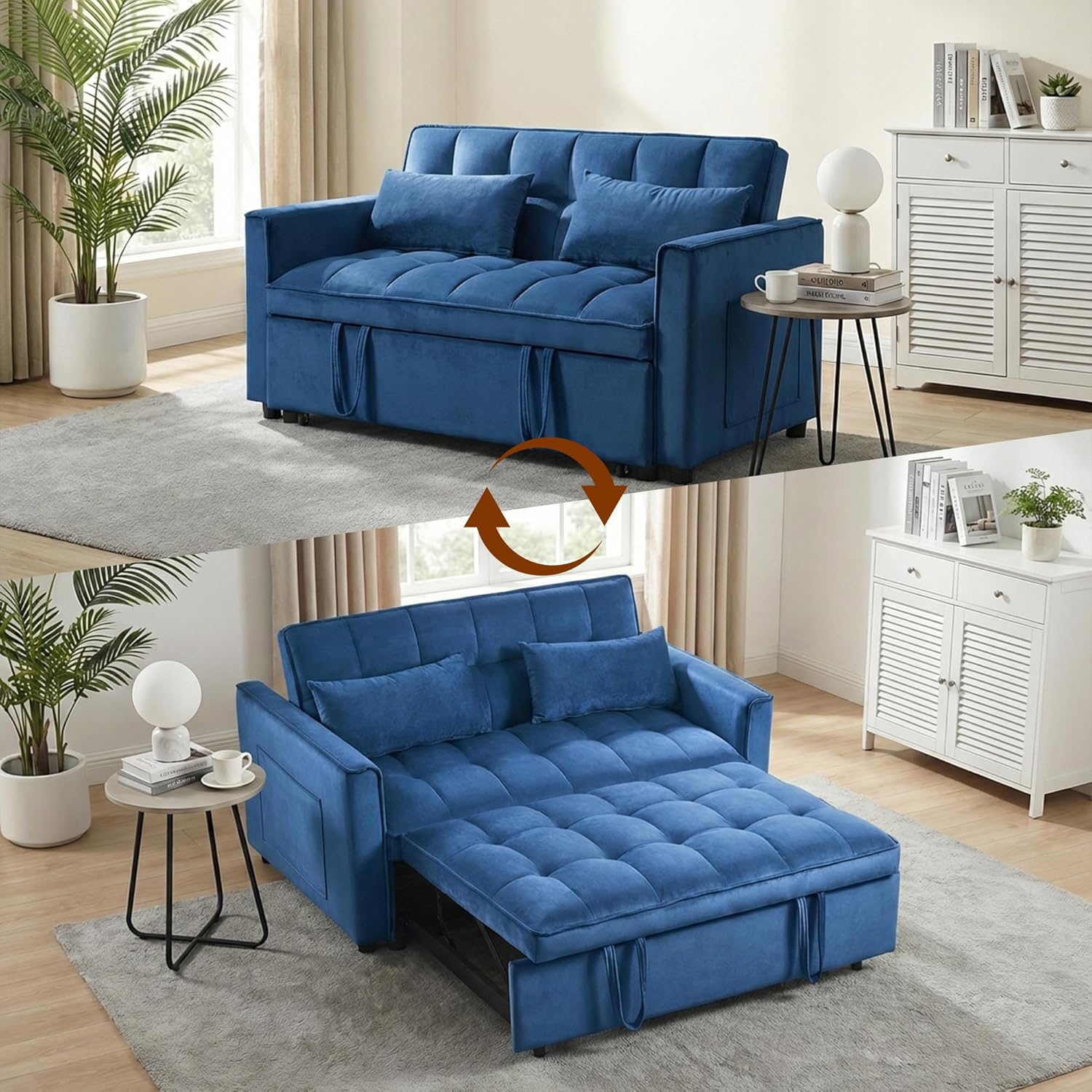 Convertible Sofa Bed 3 in 1 Pull Out Loveseat Sleeper Couch with Adjustable Backrest, Side Pocket, Two Pillows for Apartment, Dorm Room, Bedroom and Small Space | Velvet Fabric