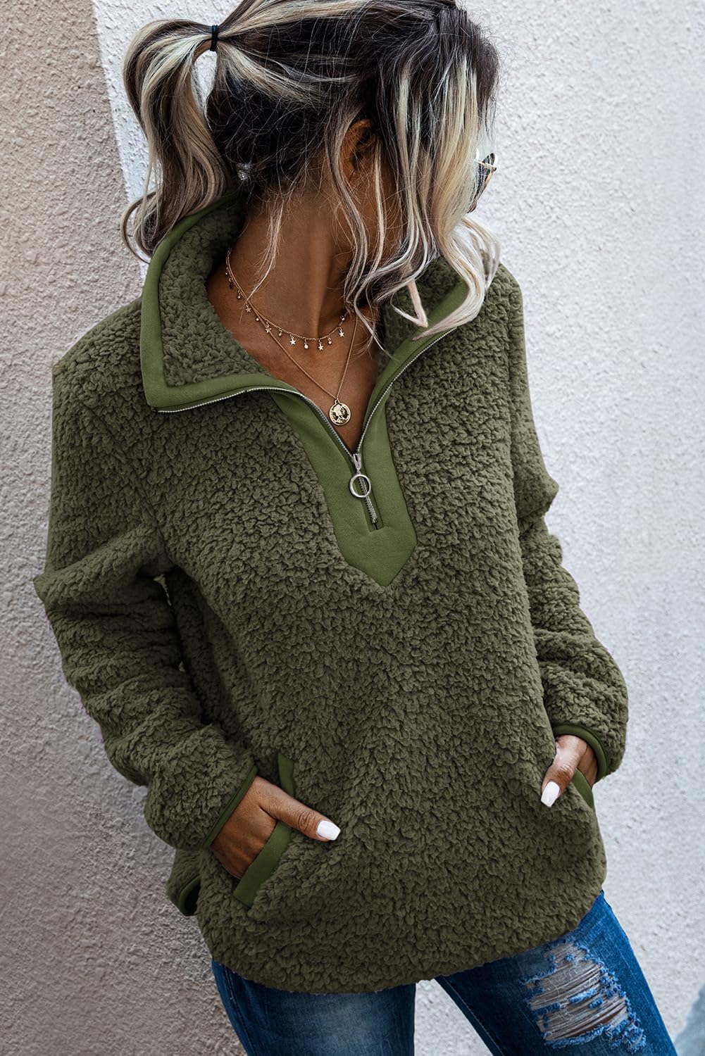 AQOTHES Womens Loose Casual Zipper Sherpa Fleece Pockets Pullover Sweatshirt for Women - Image 3