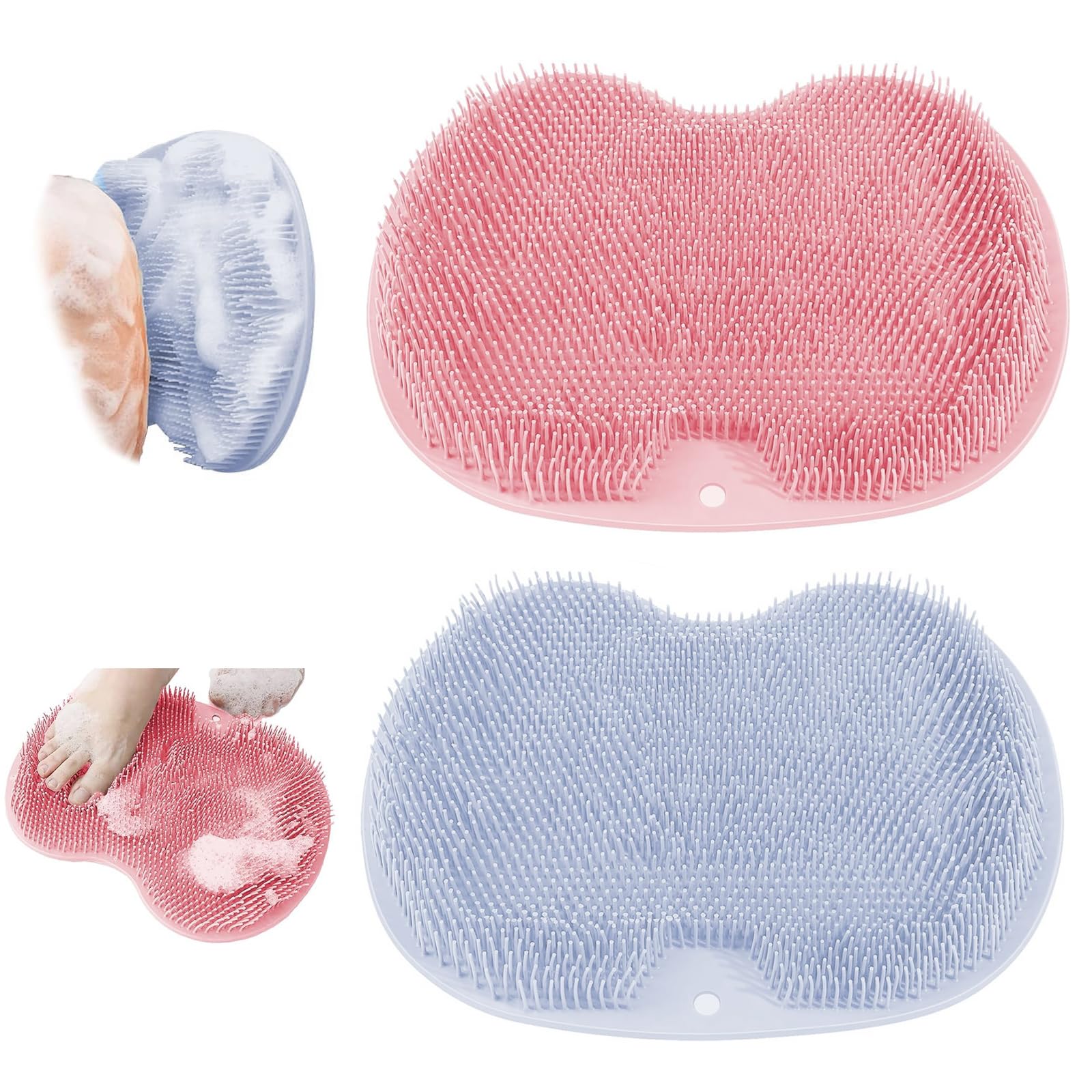 Silicone Shower Foot Brush Pad 2 sztuki 30 x 22 cm (niebieski + różowy) | Antypoślizgowa silikonowa podkładka do masażu szczotka do stóp pod prysznic odpowiednia do łazienki, podróży służbowej