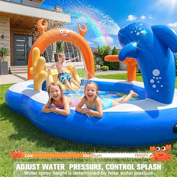 2026 Large Inflatable Play Center,Toddler Pool with Water Slide&Sprinkler,120x70x50Inflatable Kiddie Pool with Slide,Backyard Kids Water Slide,Blow-Up Splash Pad for Toddlers