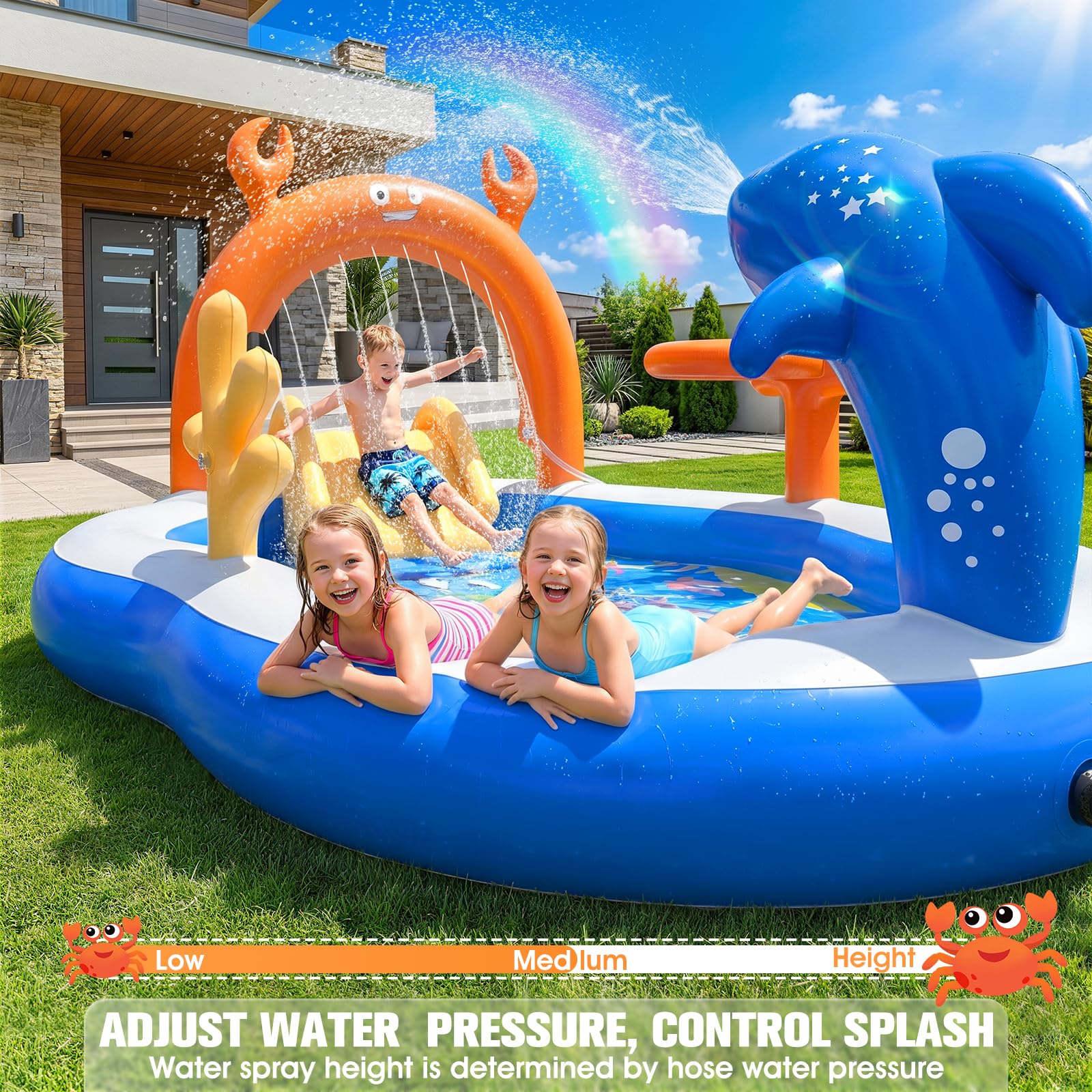 2026 großes aufblasbares Spielzentrum, Kleinkind-Pool mit Wasserrutsche und Sprinkler, 308 x 178 x 127 cm, aufblasbarer Kinderpool mit Rutsche, Hinterhof-Kinder-Wasserrutsche, aufblasbares