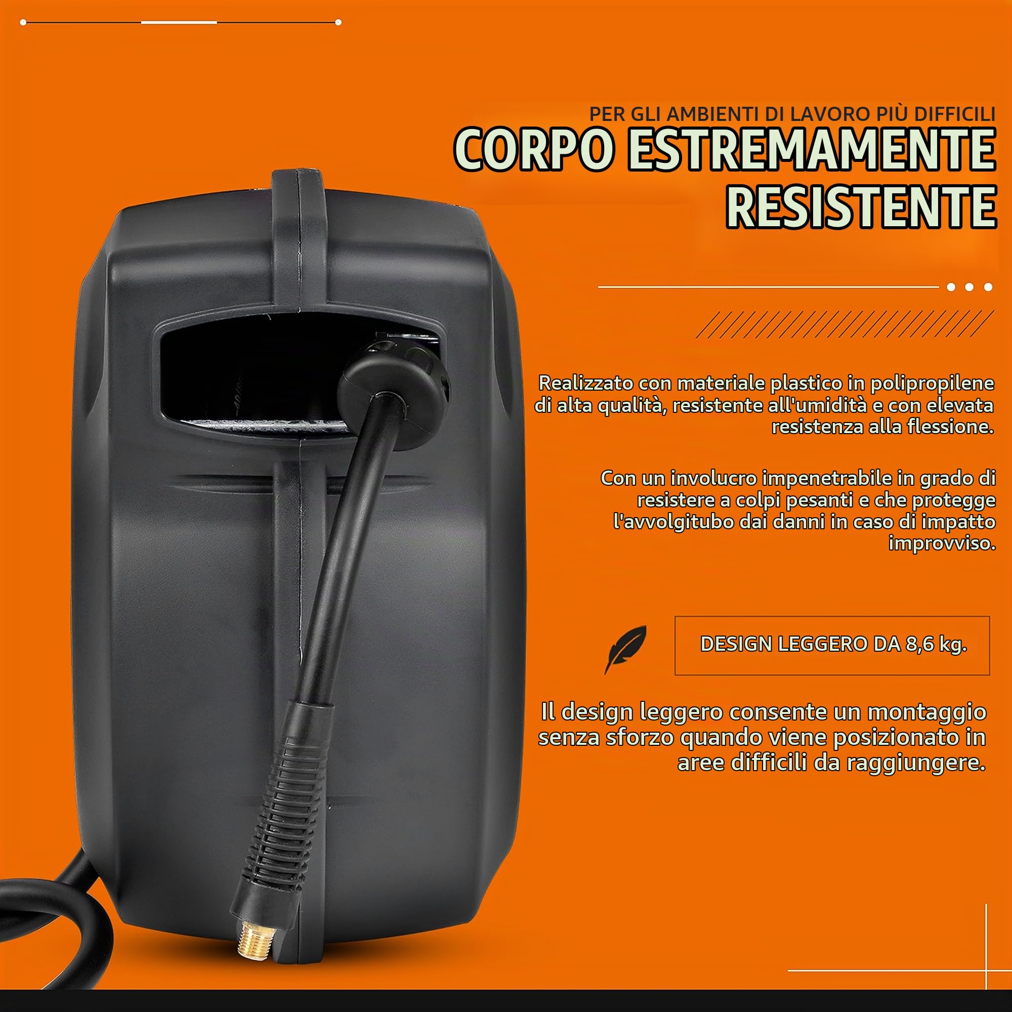 SuperHandy Avvolgitubo Aria Compressa 3/8" x 15m lungo Flex Hybrid Polymer Tubo flessibile 300PSI/20BAR MAX.per uso esterno | Tubo ibrido in polimero; molla di richiamo, corpo in polipropilene, tubo d'ingresso e maniglia PVC per interno/esterno
