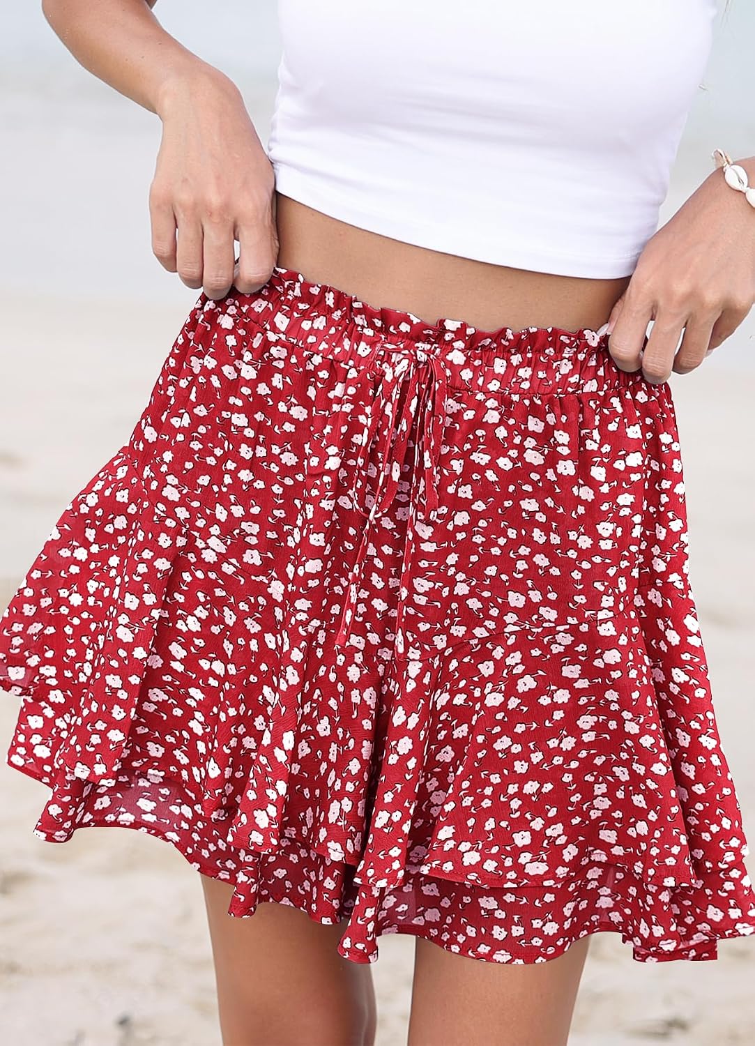 SimpleFun Womens Skorts Floral Ruffle Flowy Shorts Summer Flared Mini Skirt