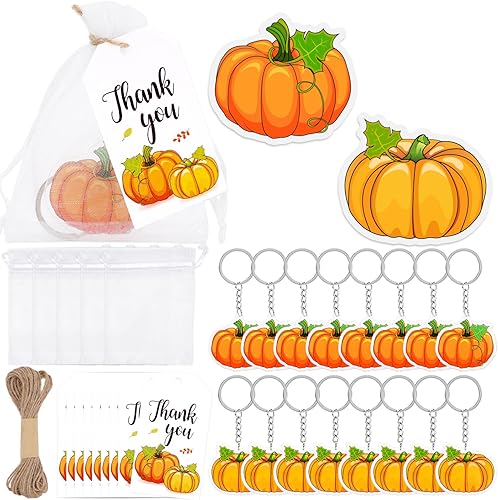 Whaline Juego de 24 llaveros de calabaza con diseño de calabaza naranja y amarilla, etiquetas de papel kraft de agradecimiento, bolsas de organza