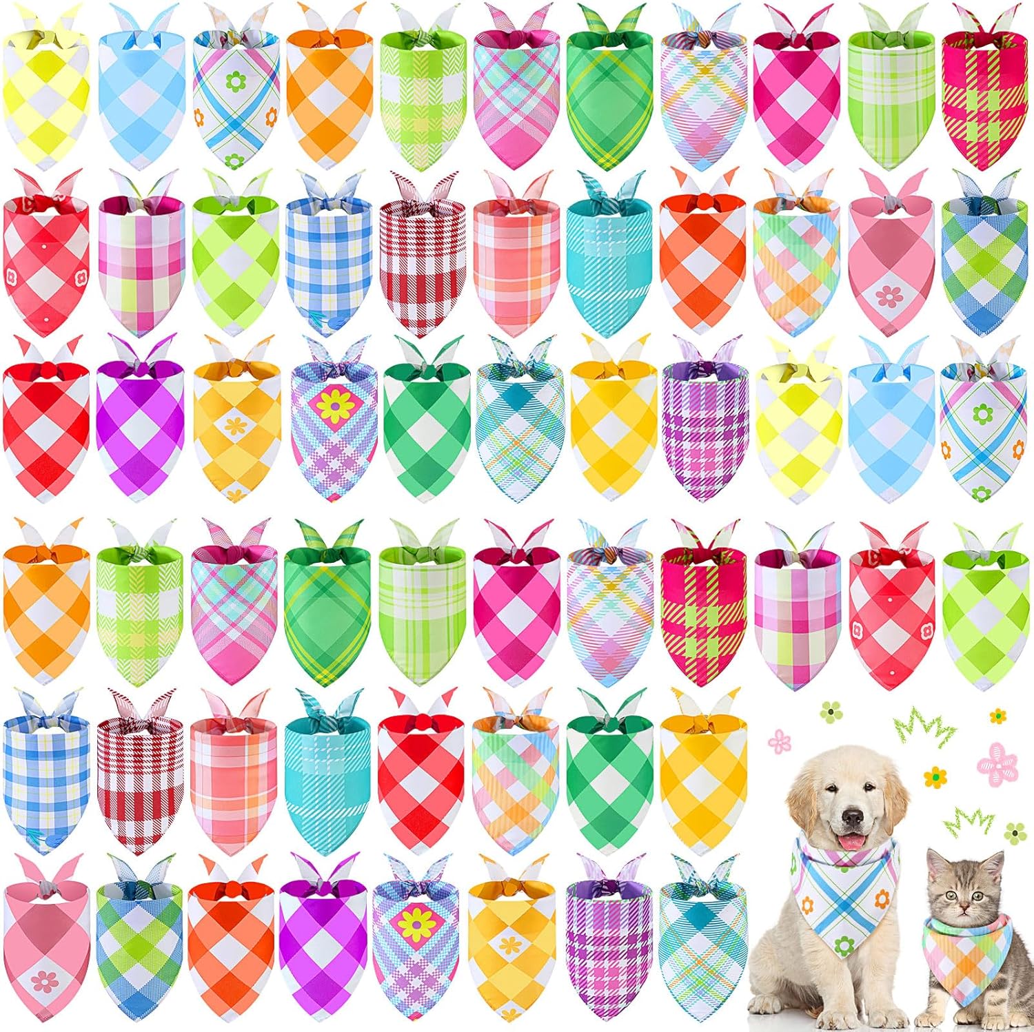 Sweetude 60 Pcs Spring Plaid Dog Bandanas Bulk Spring Pet Scarf Bibs Adjustable Washable Kerchief Seasonal Pet Costume Accessories Grooming Supplies for Small to Large Cats Dogs