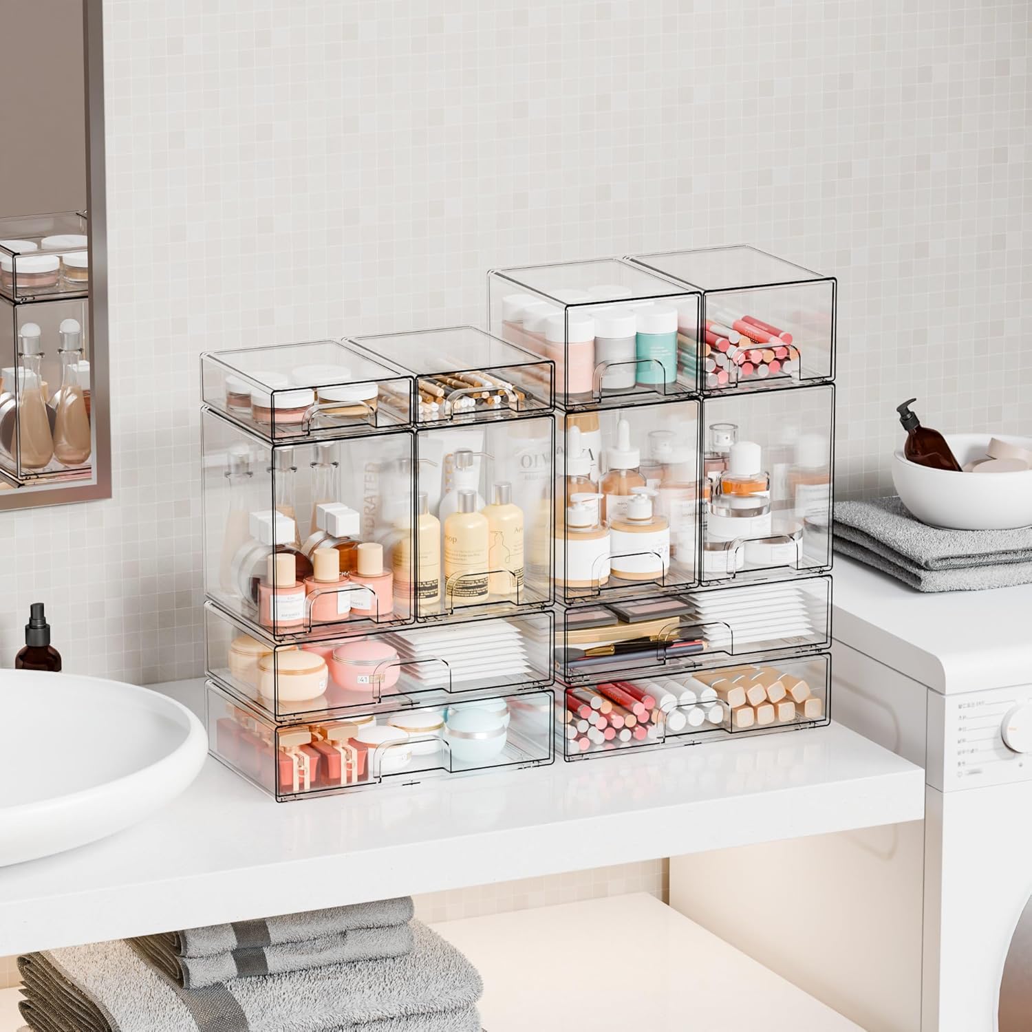 Yieach 12.1''W Clear Stackable Storage Drawers,4Pcs Acrylic Drawer Organizer for Hair Accessories,Makeup Organizers,Plastic Office Supply Organizer for Pen,Pencil,Medicine,Accessory,Craft Organization