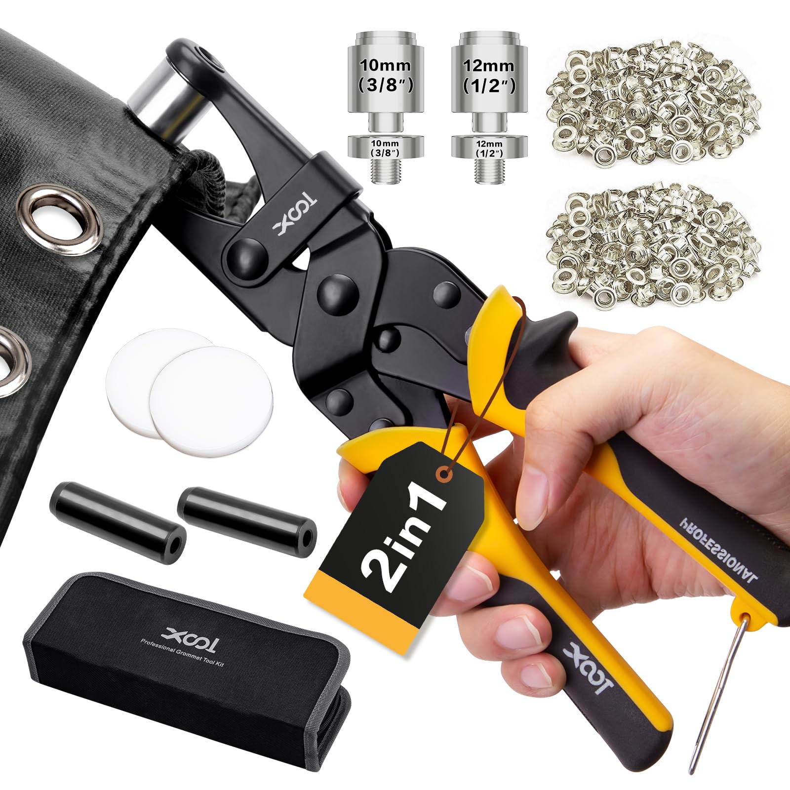 XOOL Pinza per Occhielli 2-in-1, Teste Intercambiabili 12 mm & 10 mm a Rotazione, Strumento per Forare con Sistema Magnetico per Tela, Pelle, Teli e Fai-da-te – 400 Occhielli e Rondelle Inclusi
