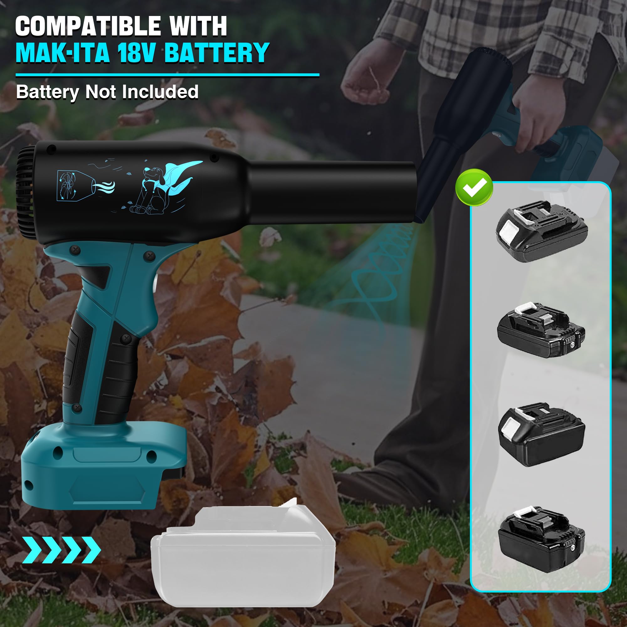 Soplador de hojas para batería Makita18 V, 90000 rpm, aspirador de hojas eléctrico inalámbrico con 3 velocidades para secar el pelo, limpiar el coche, teclado